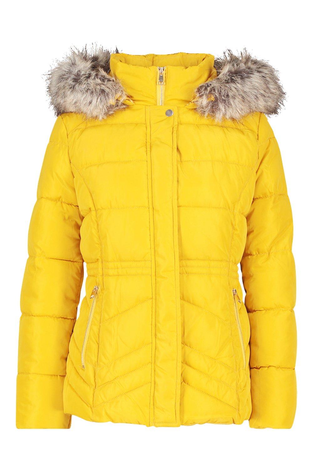 mustard faux fur hood puffer jacket