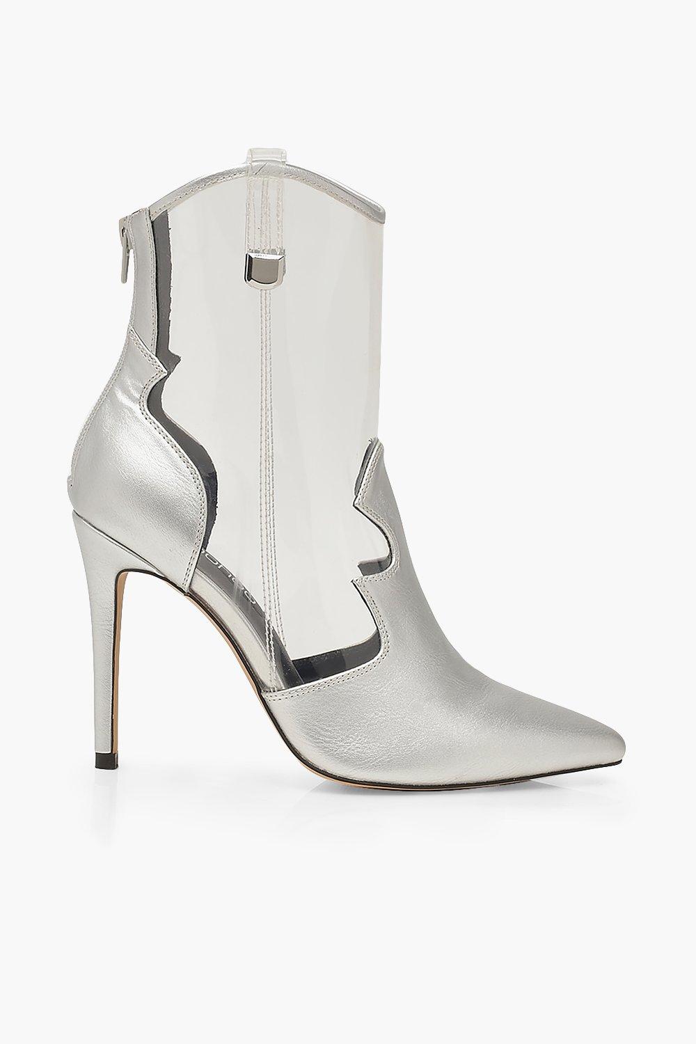 

Clear Panel Heeled Western Boots, Silver