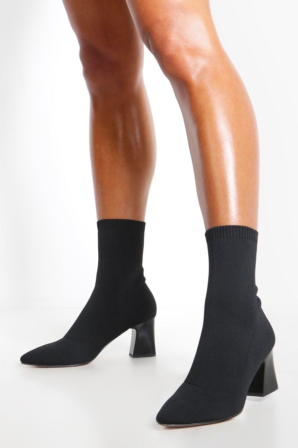 knitted low block heel sock boots