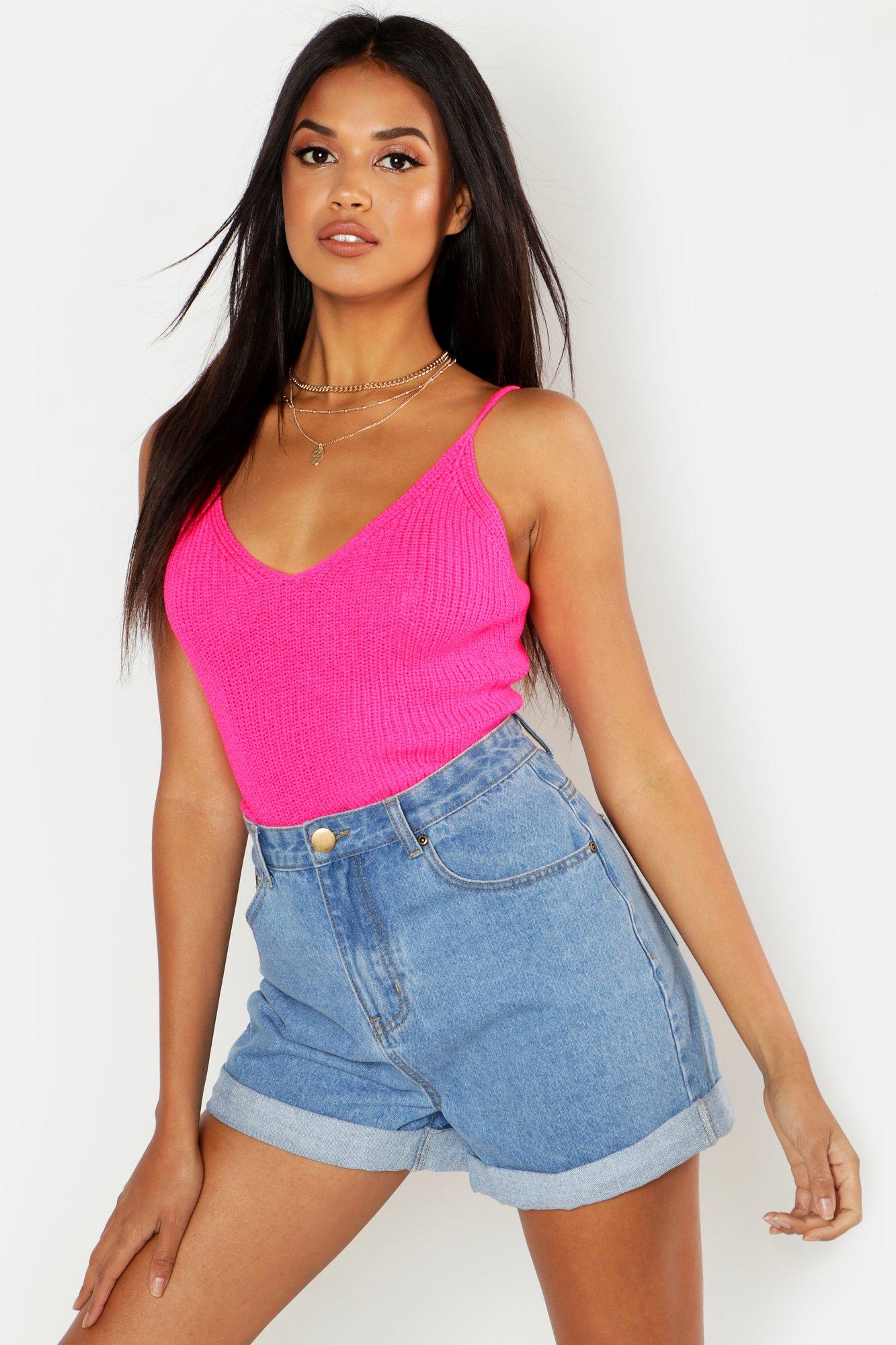 

V Neck Knitted Strappy Top, Pink