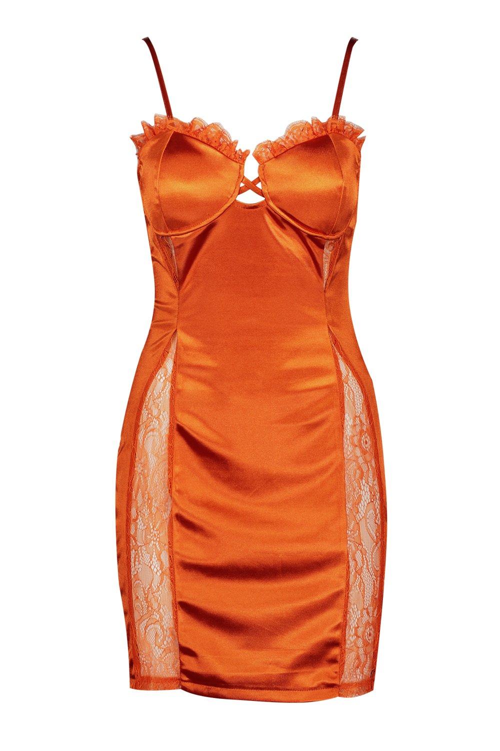 

Атласное мини платье с чашечками и кружевом, Burnt orange