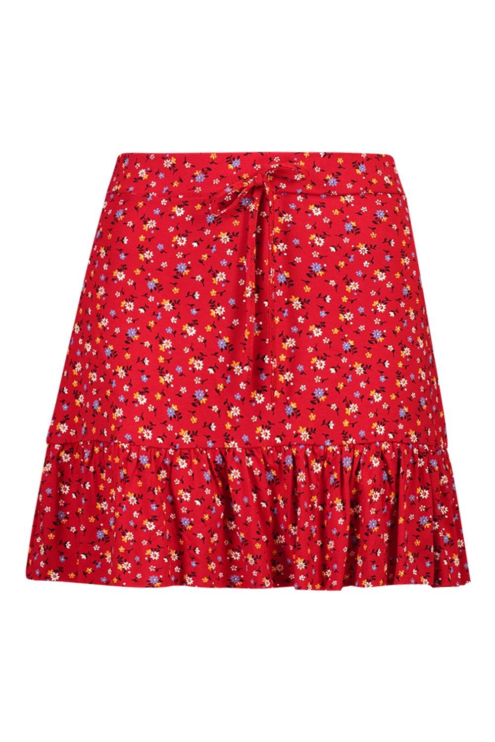 

Многоярусная юбка из джерси с рисунком в мелкий цветочек, Red