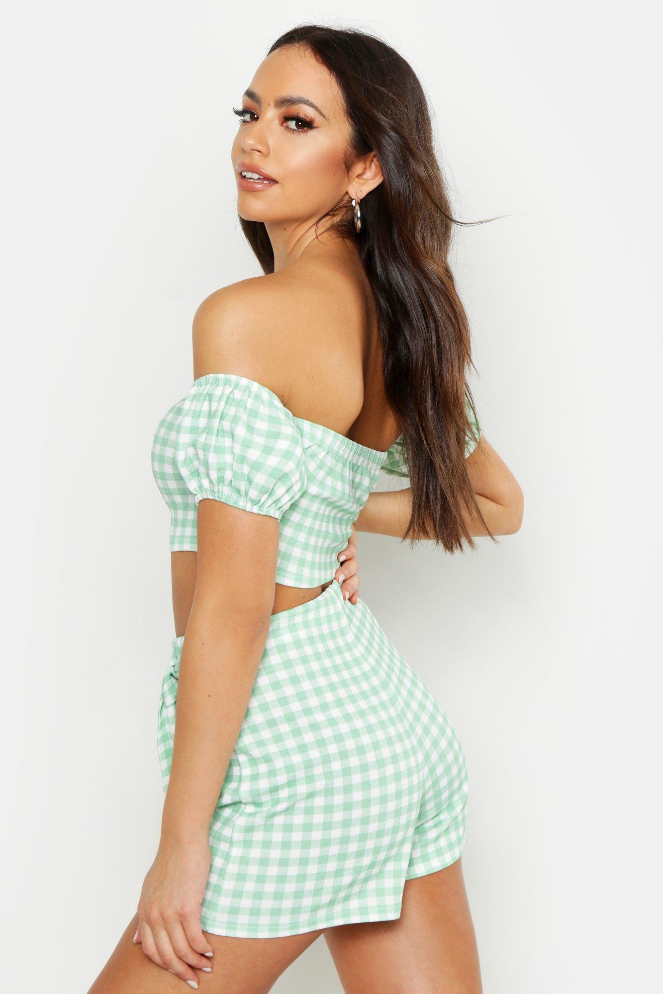 

Gingham Off Shoulder Belted Short Co-Ord, Sage