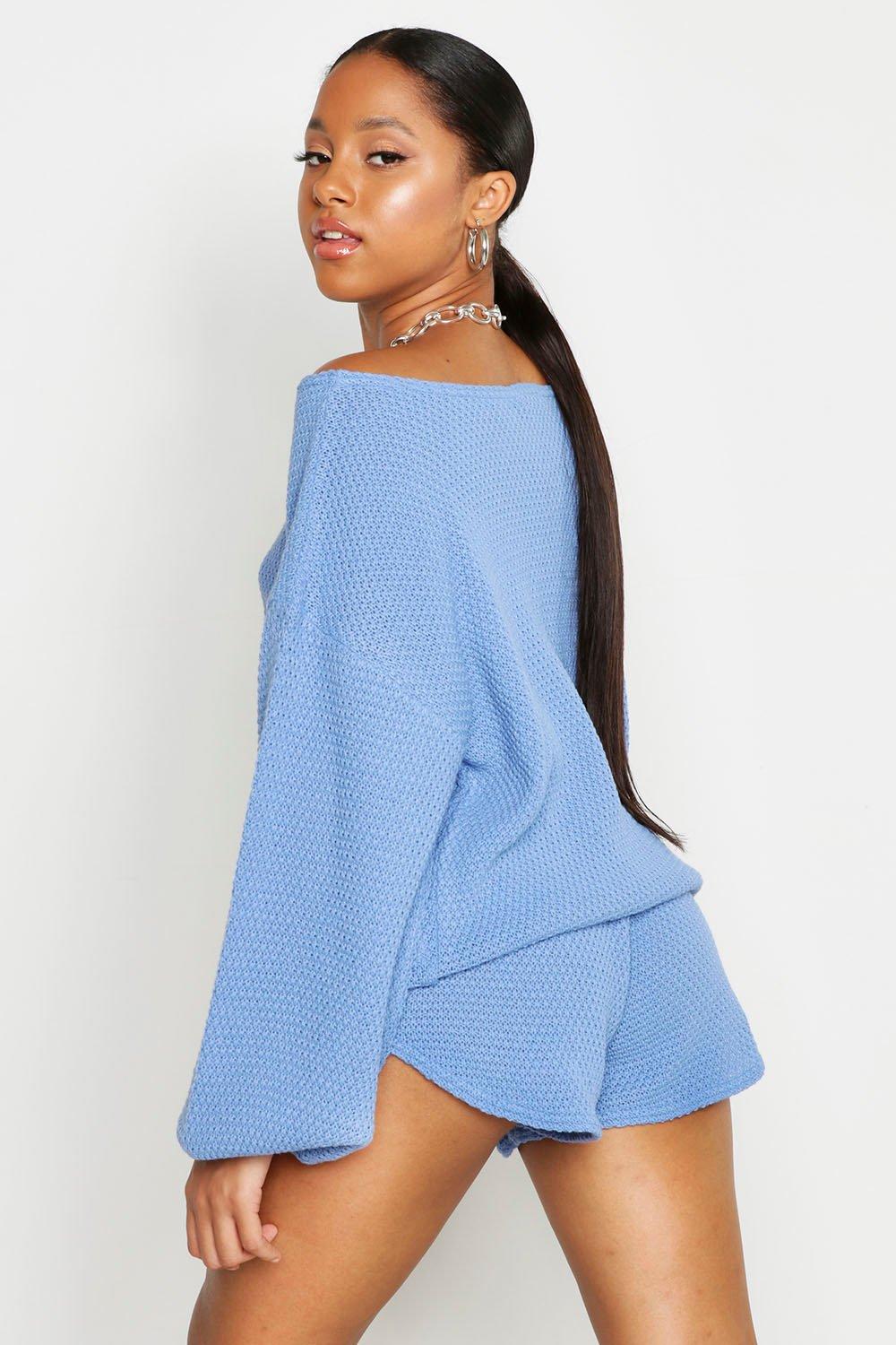 Knitted Slash Neck Short Set Boohoo