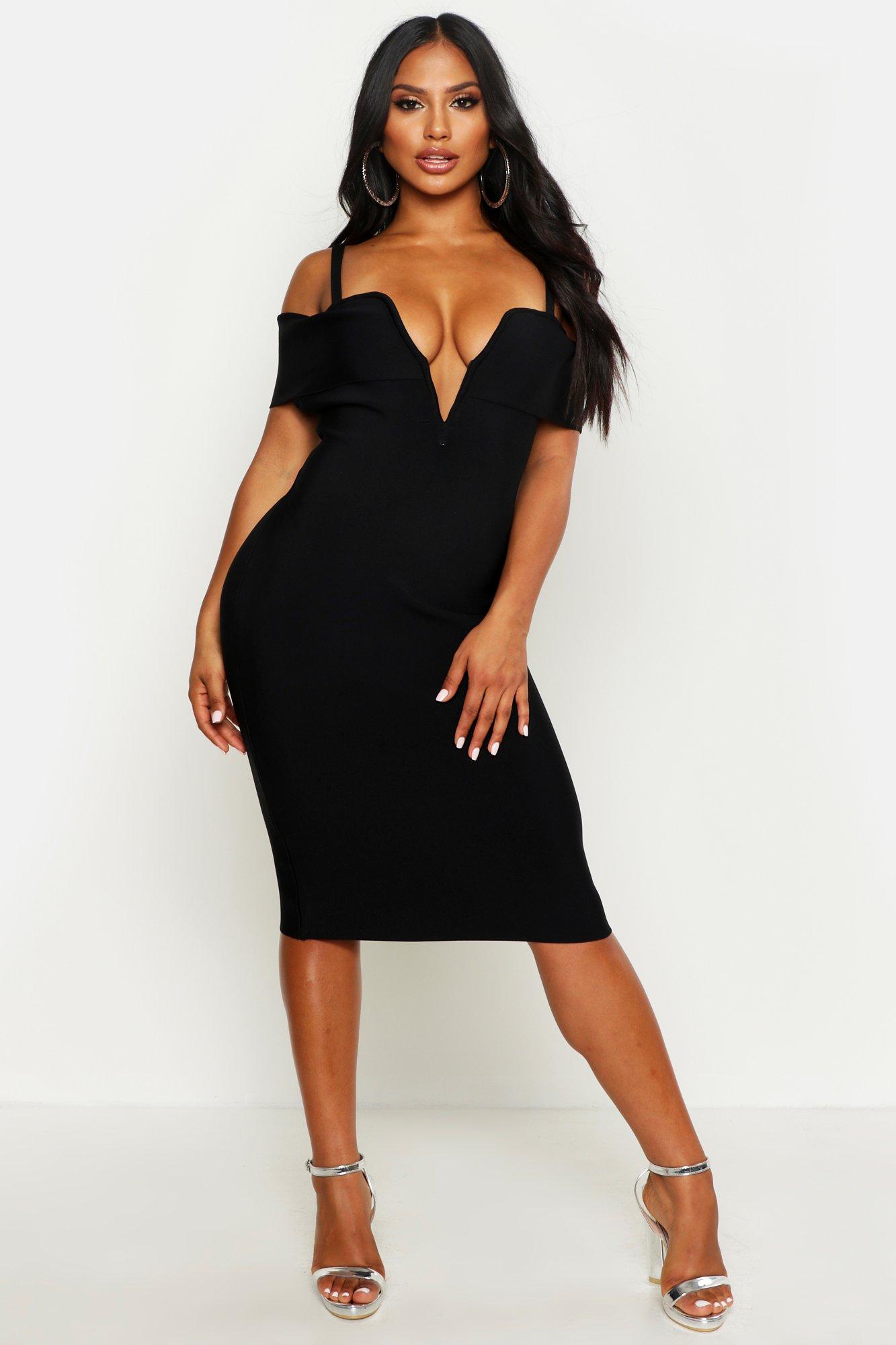 

Boutique Contouring Bardot V-Bar Bandage Midi Dress, Black