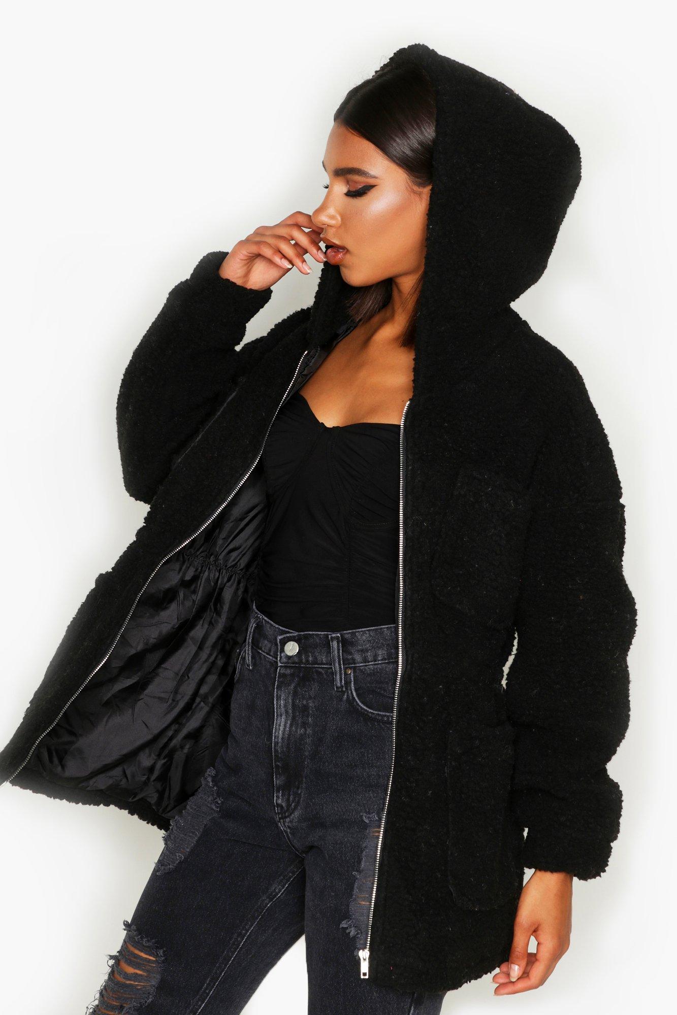 black teddy jacket with hood