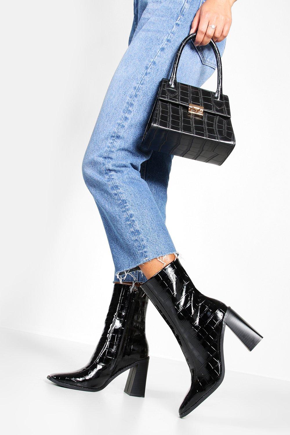 black square toe block heel boots