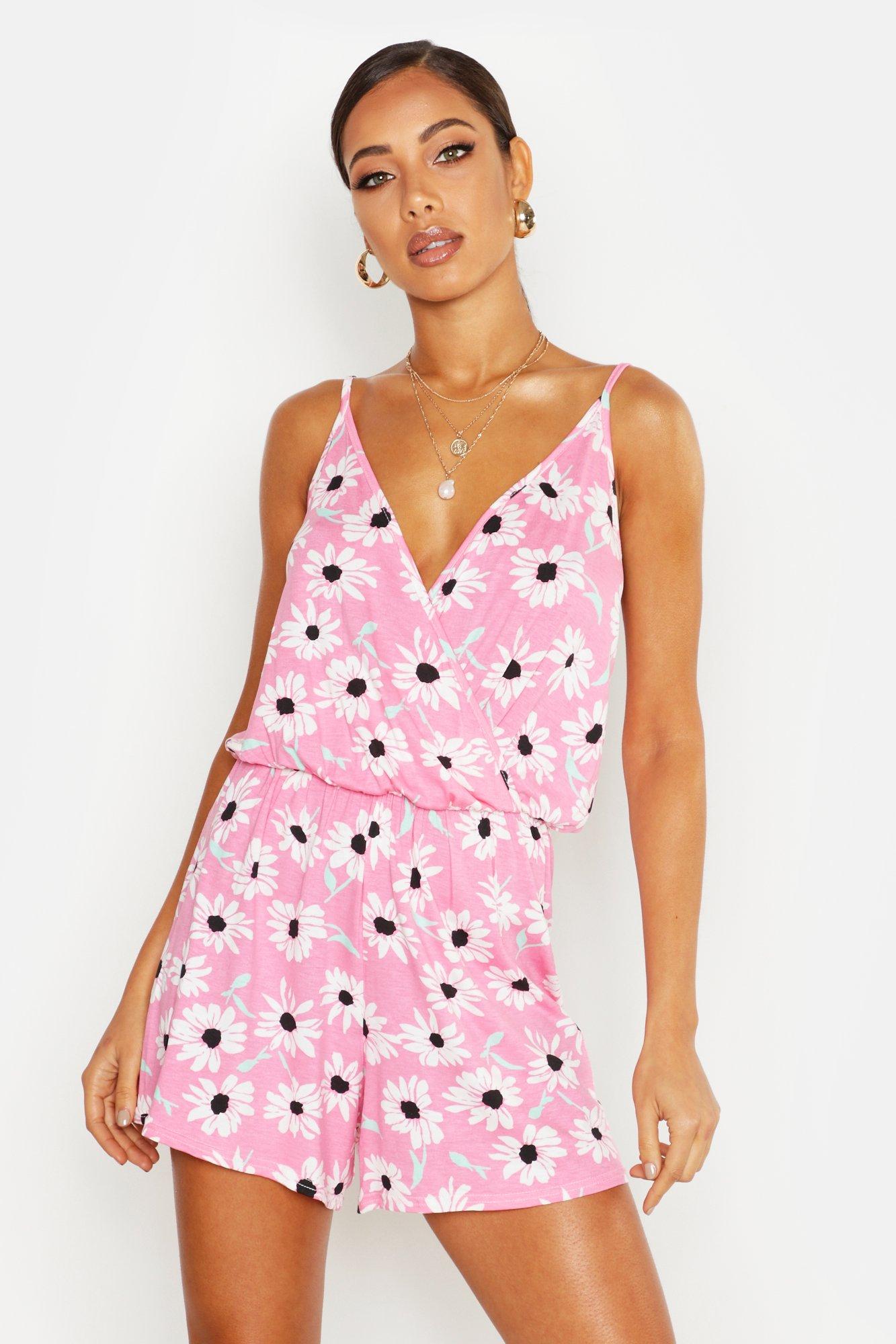 

Large Daisy Print Wrap Playsuit, Pink