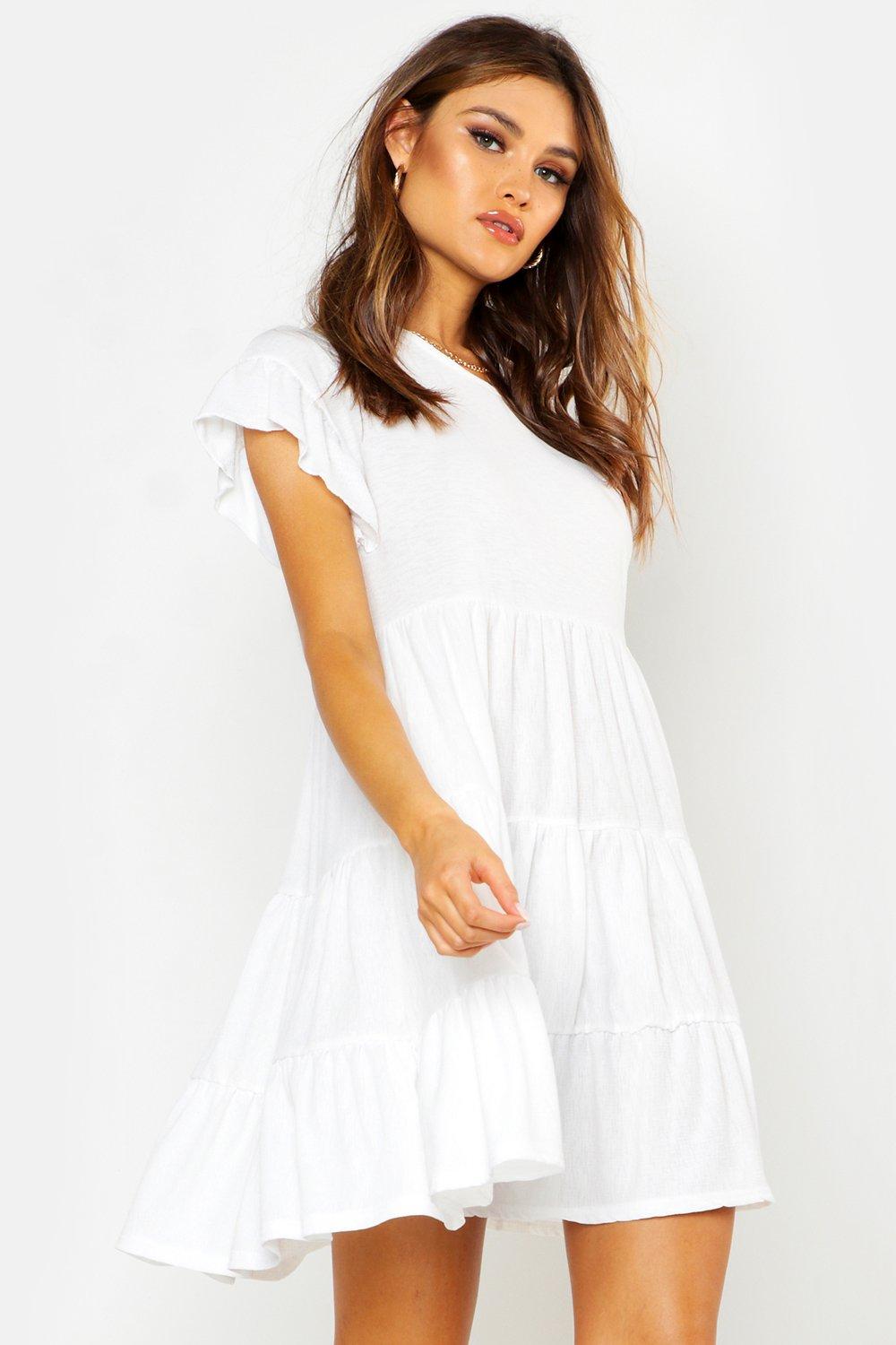 

Свободное платье с рукавами с оборками из жатой ткани, White