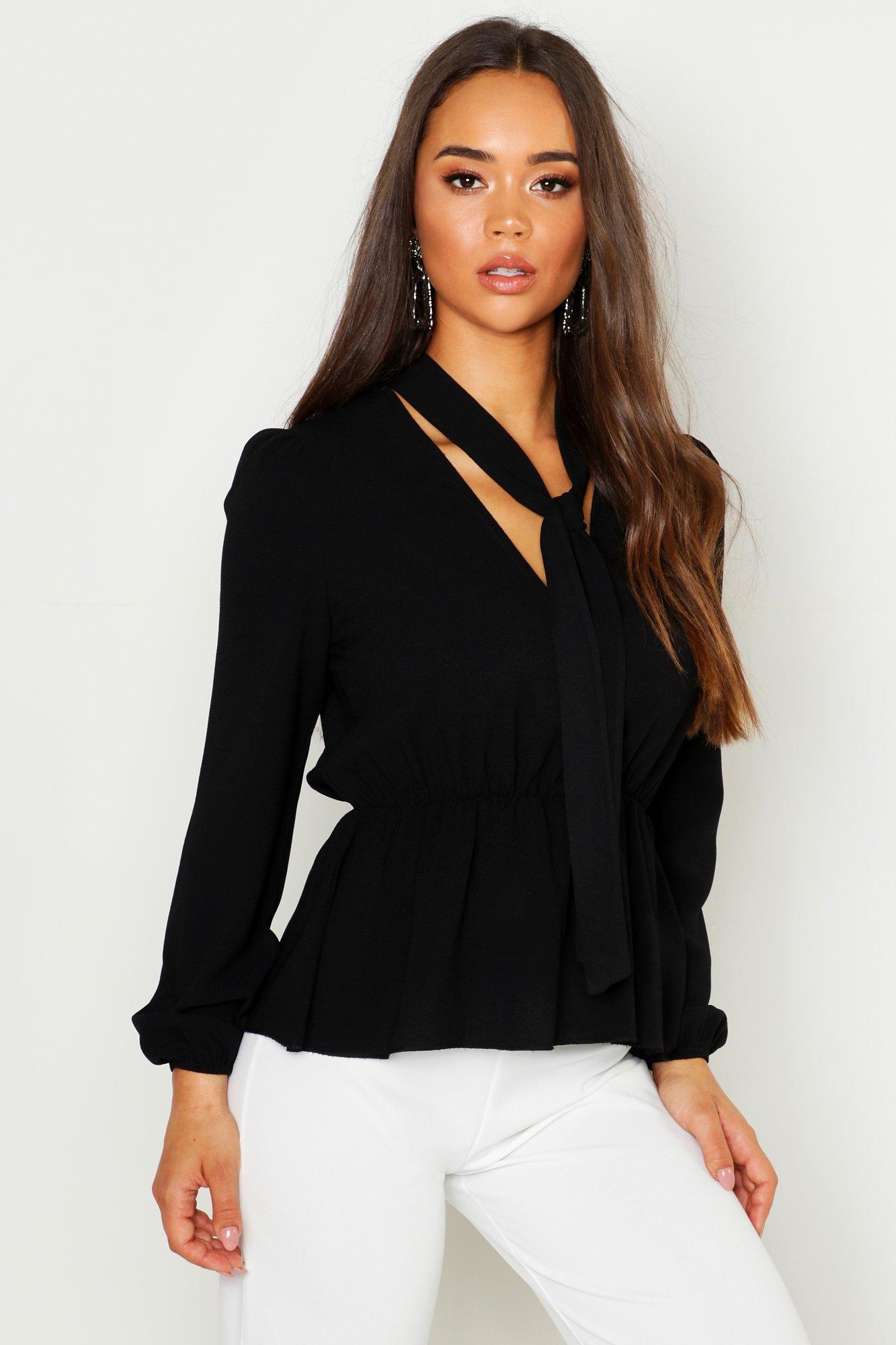 

Блузка с баской из крепа с бантом, Black