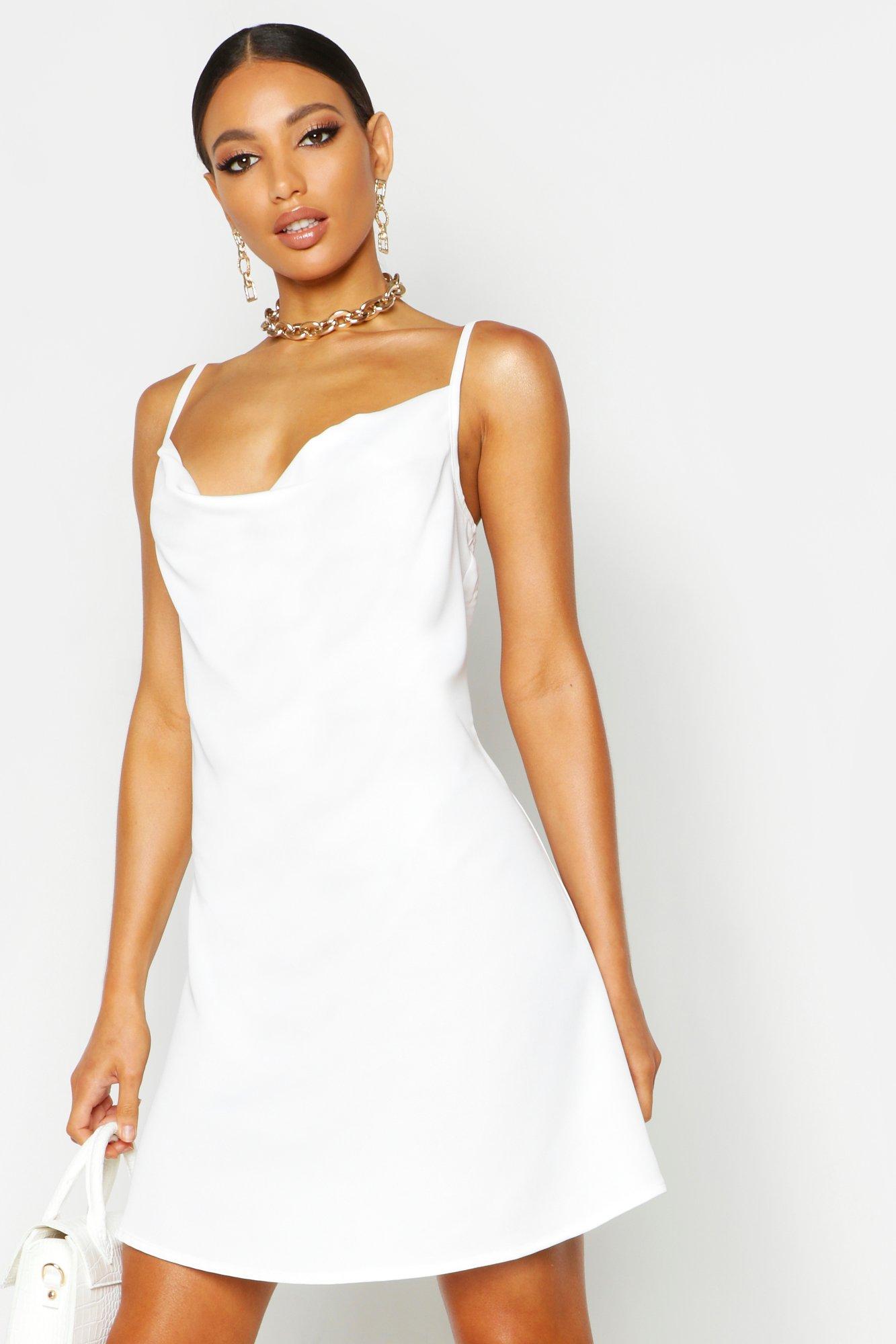 white satin cowl neck dress