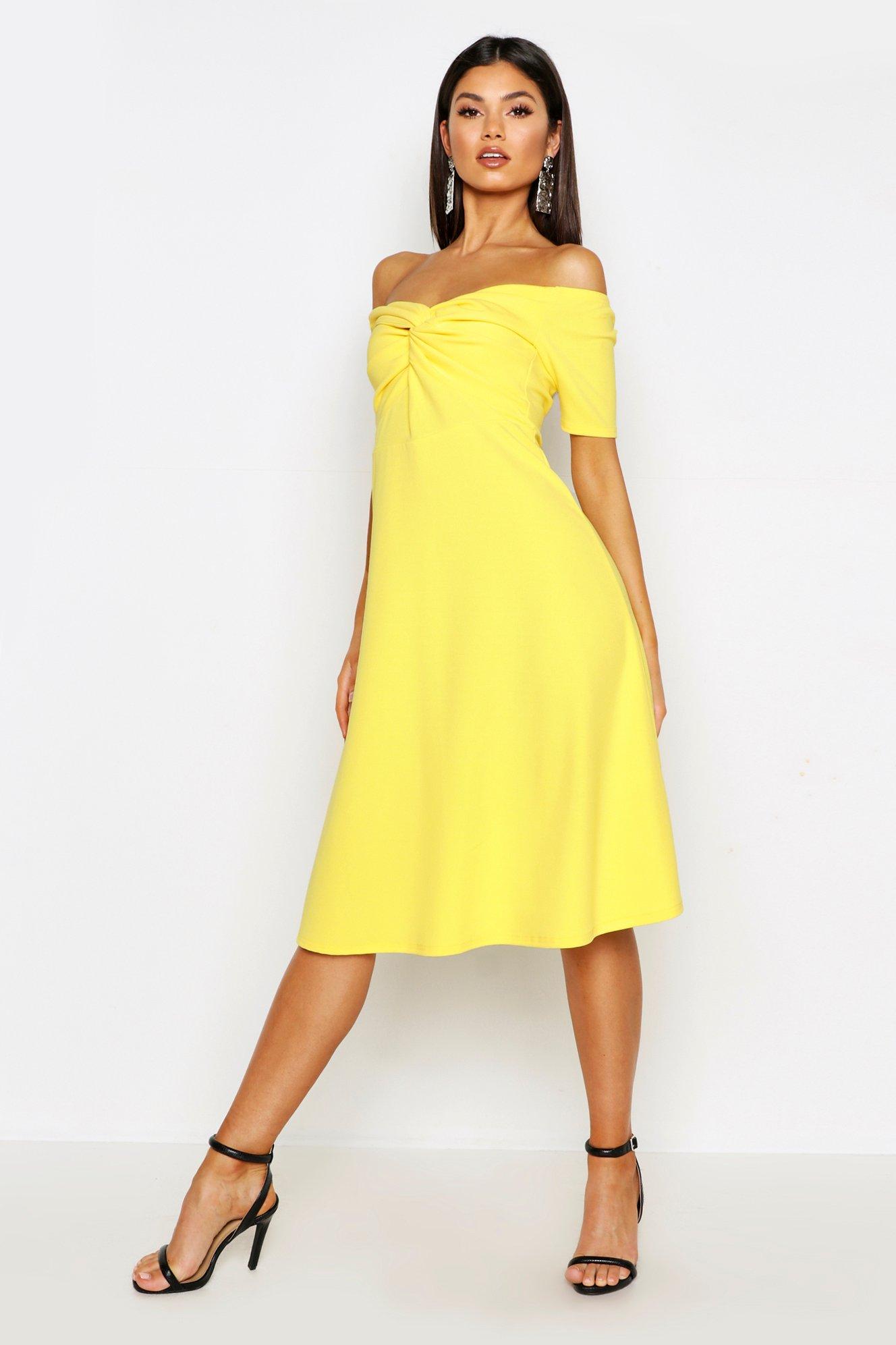 

Платье скейтер миди с вырезом лодочкой с перекрученным элементом, Bright yellow
