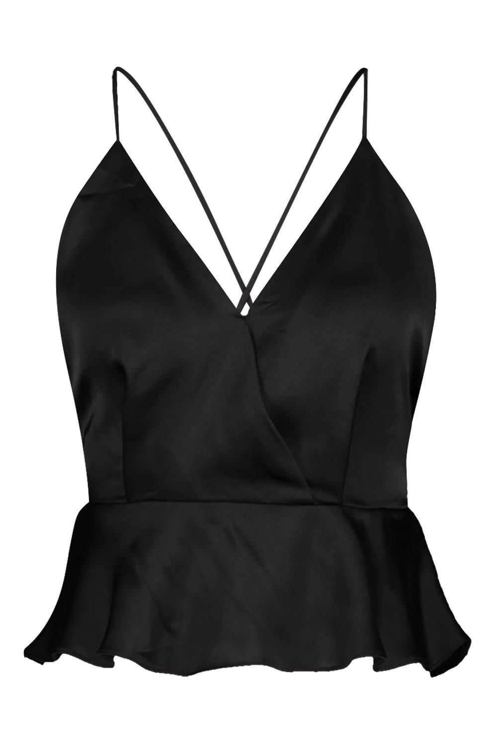 

Атласная майка с запахом с баской, Black