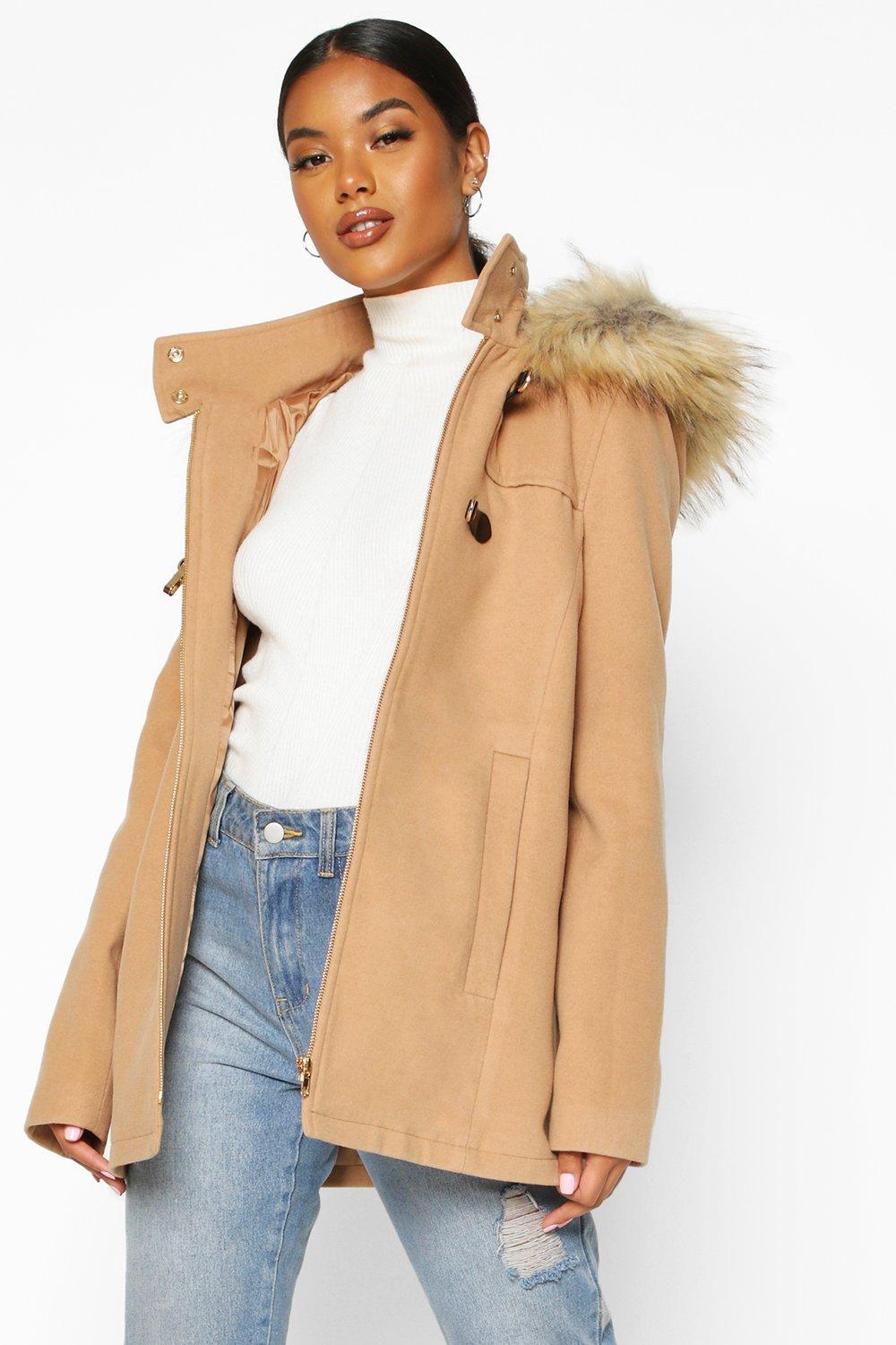 camel faux fur trim coat