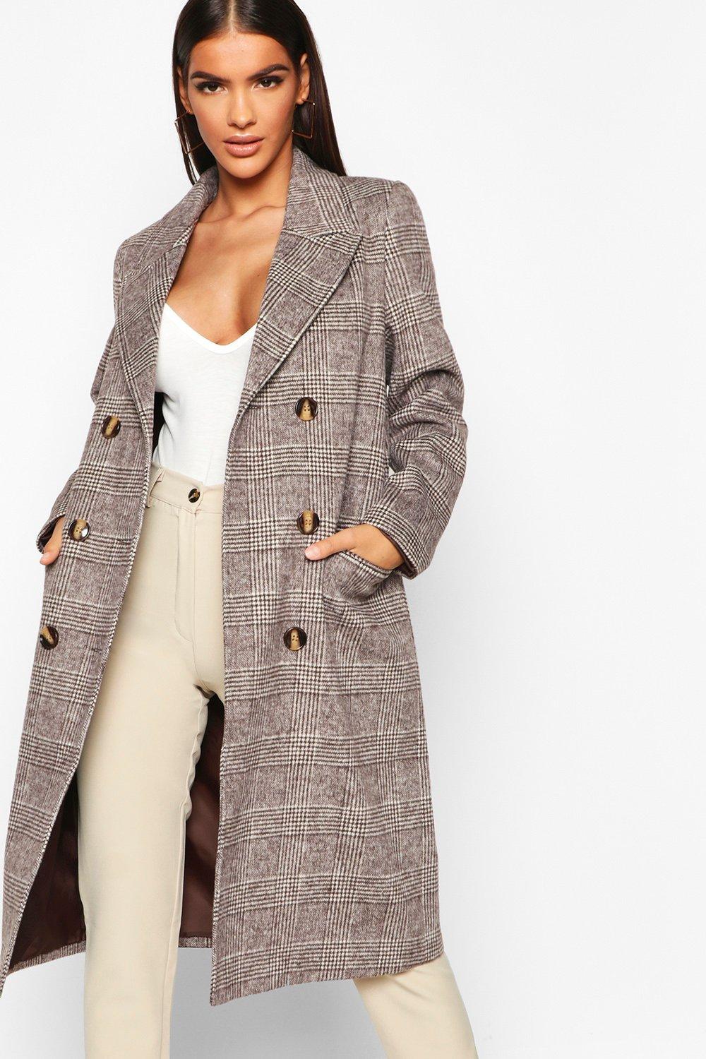 Double Breasted Tonal Check Wool Look Coat