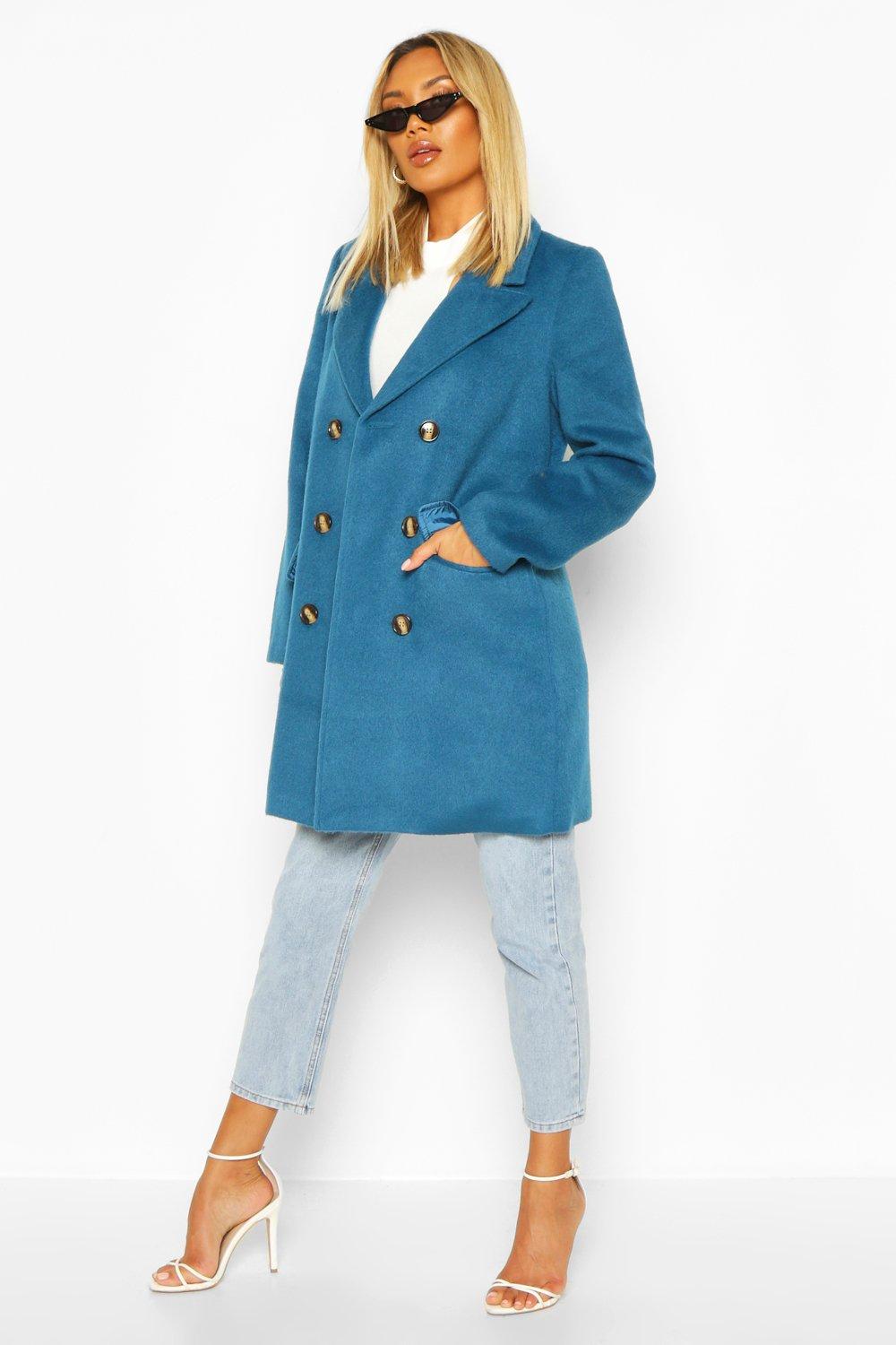 Womens Blue Double Breasted Wool Look Coat alternative image