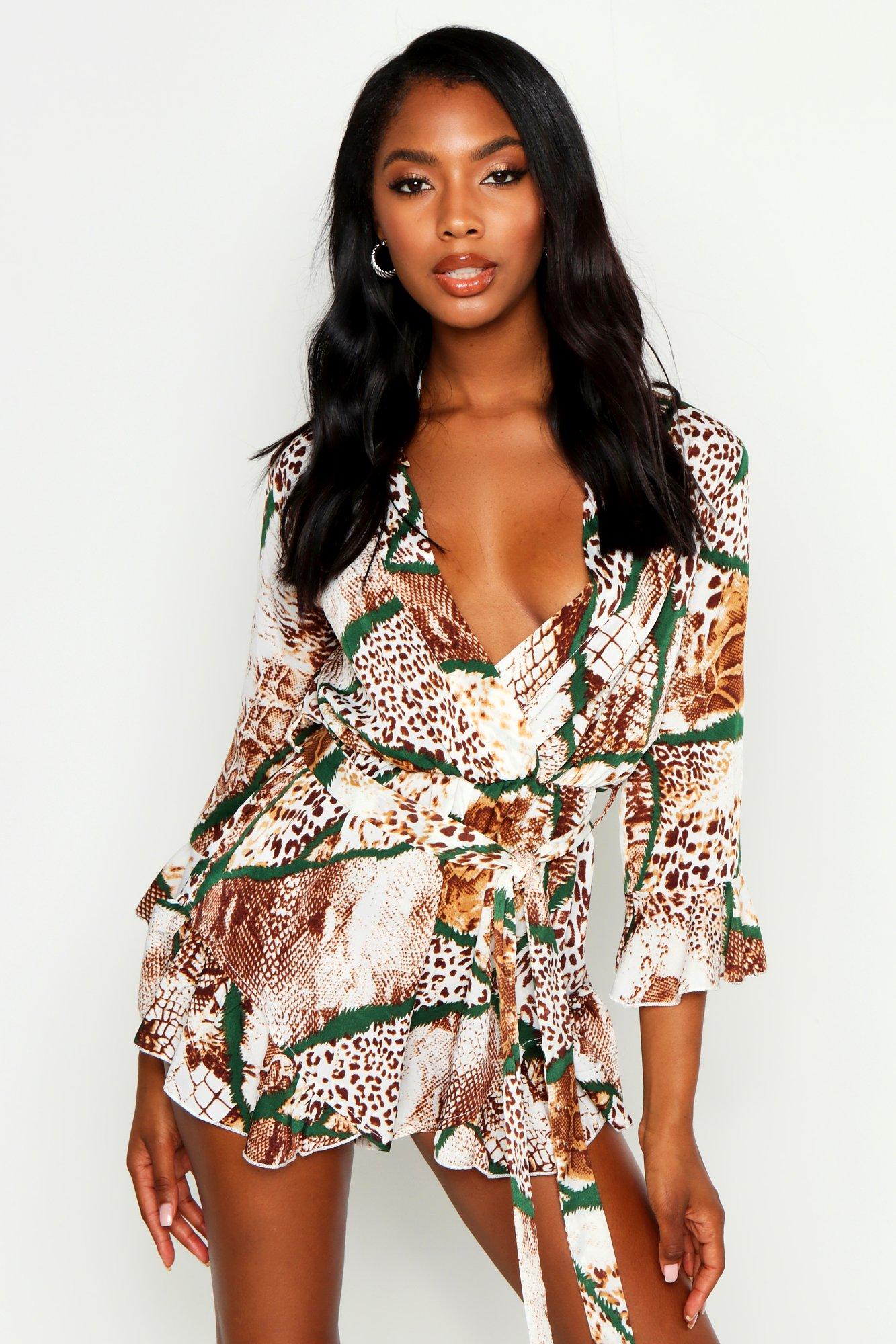 Woven Mixed Animal Print Wrap Ruffle Playsuit | Boohoo