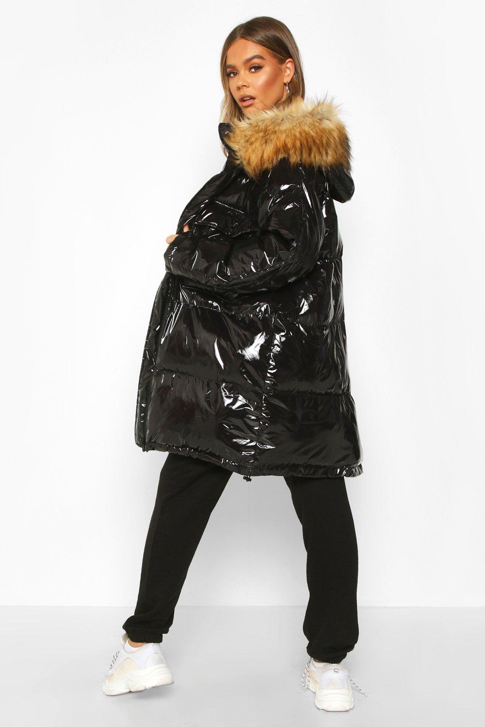 vinyl faux fur trim coat