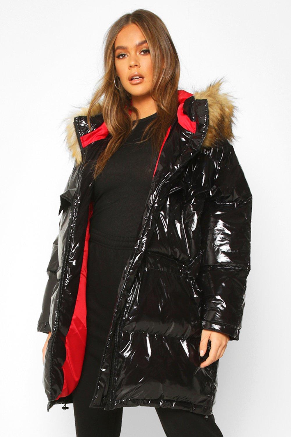 vinyl faux fur trim coat