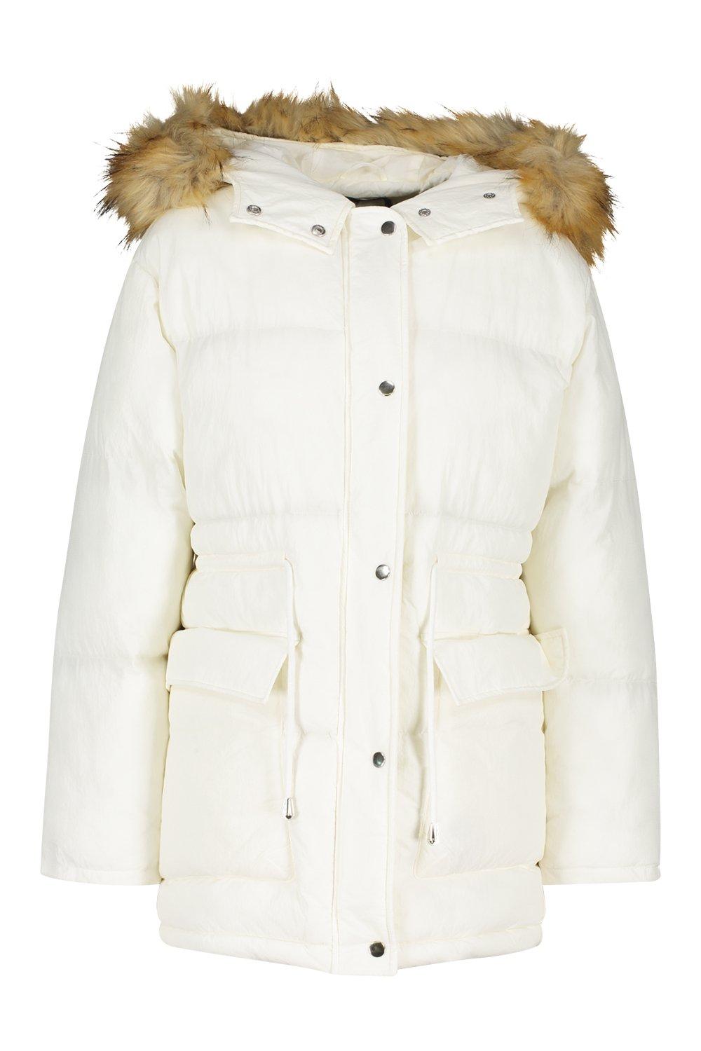 

Пуховик с капюшоном из искусственного меха с талией на кулиске, Off white