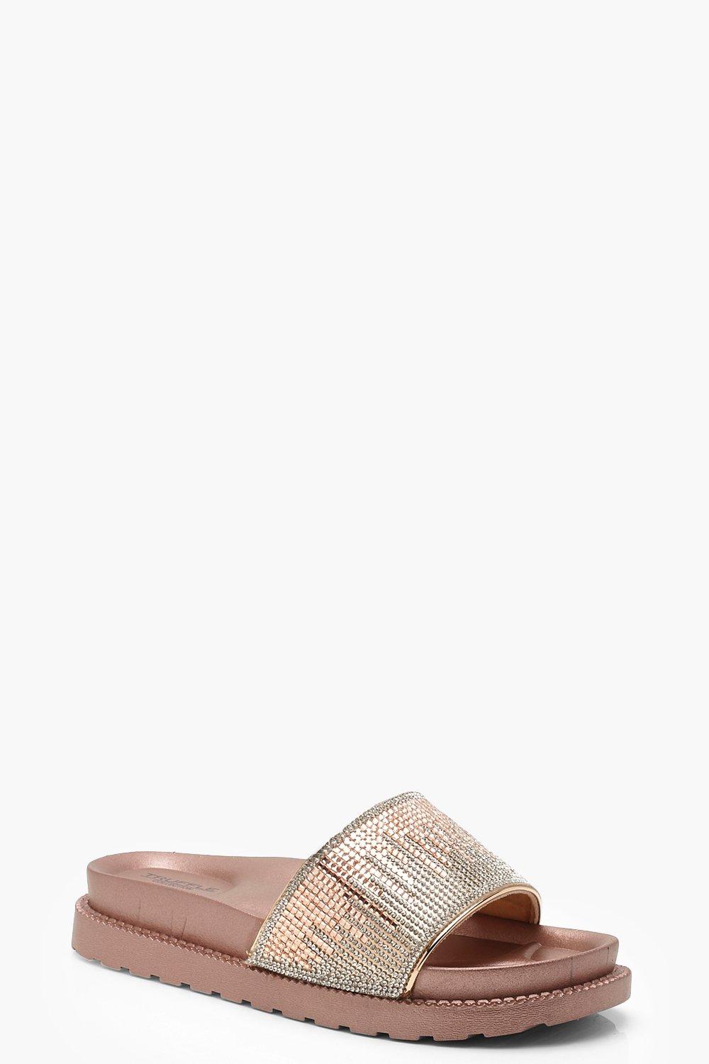 Womens Rose gold Embellished Pool Sliders