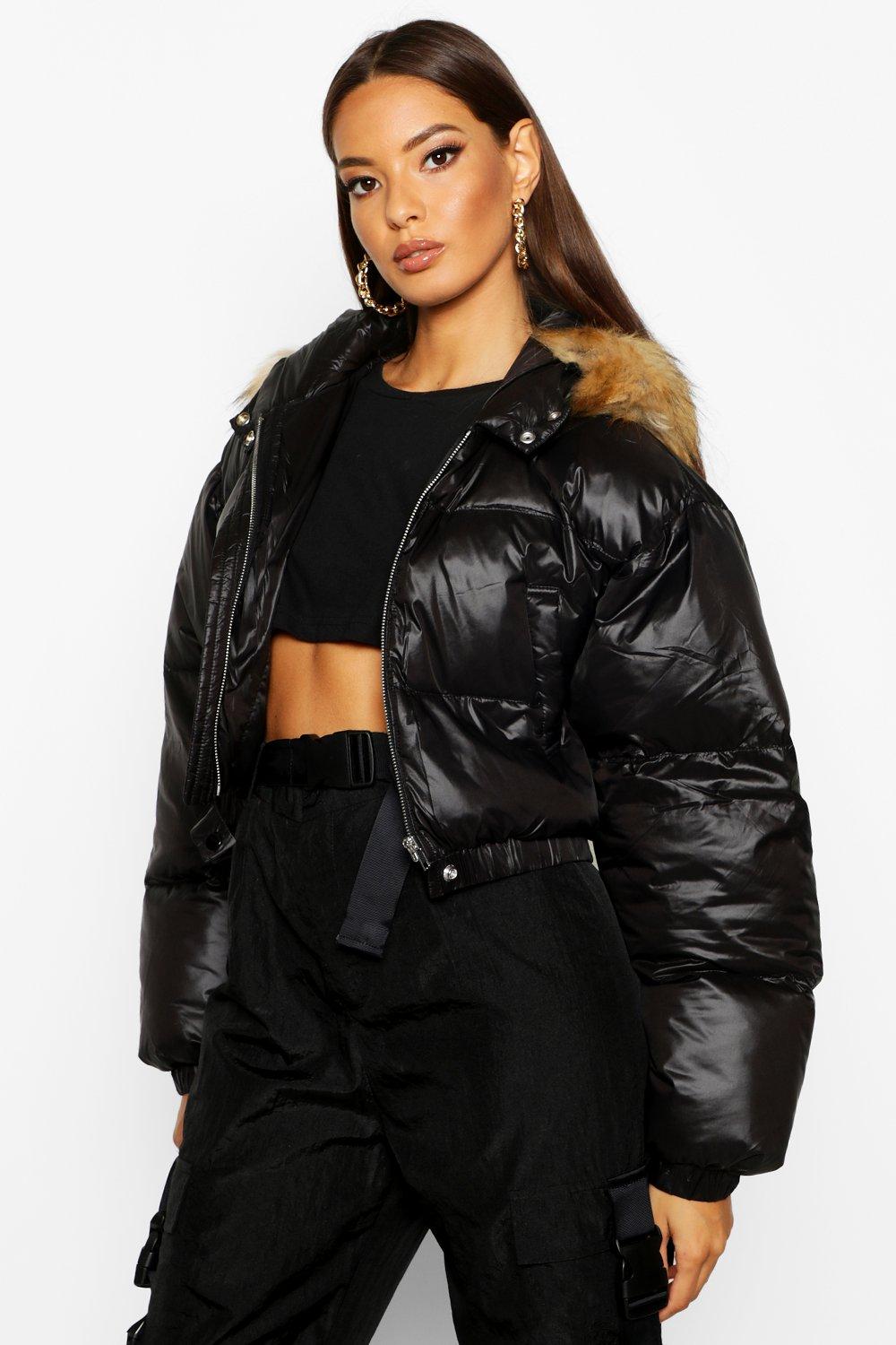 ladies black puffer jacket with fur hood