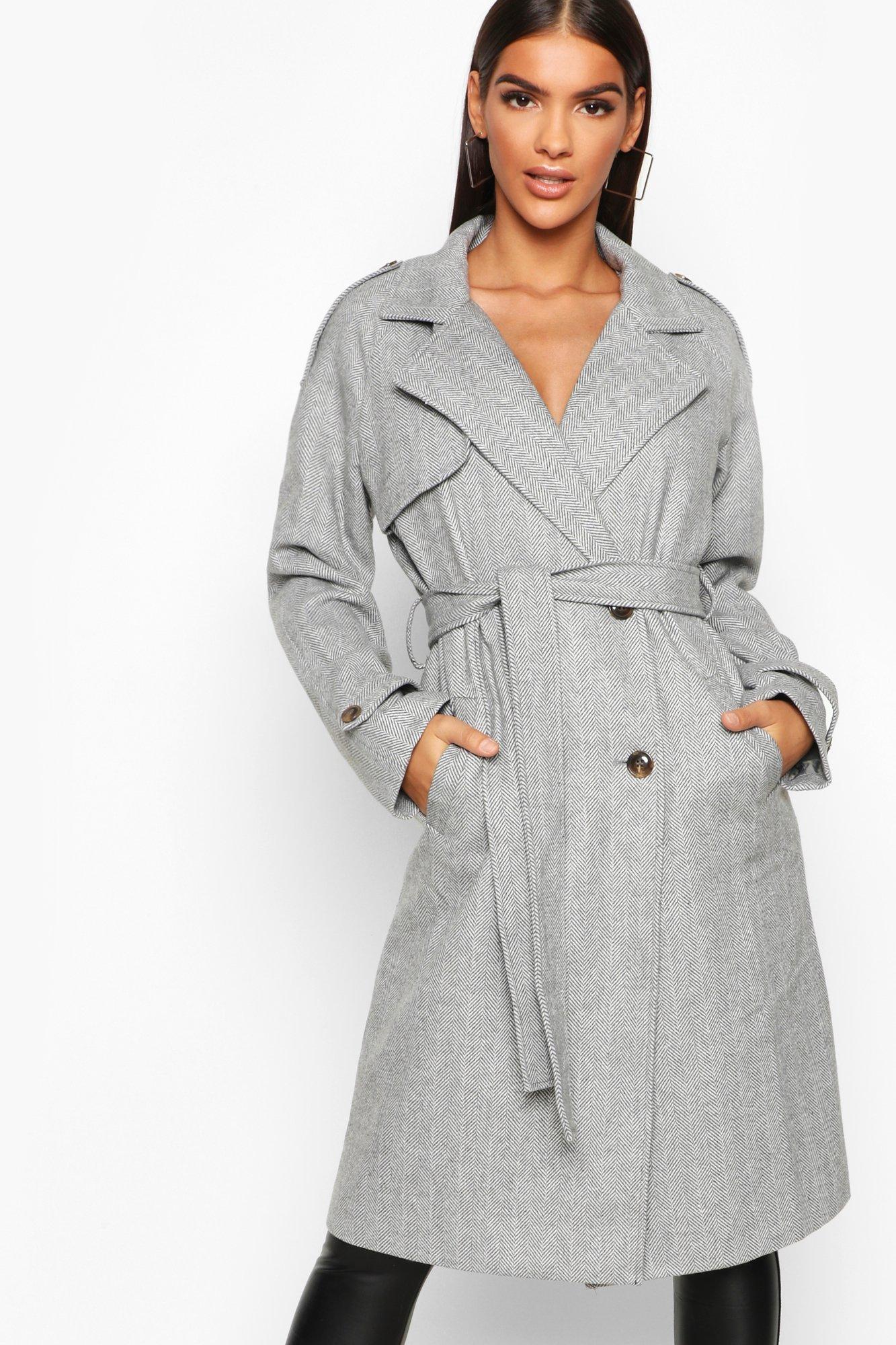 

Herringbone Wool Look Trench, Grey