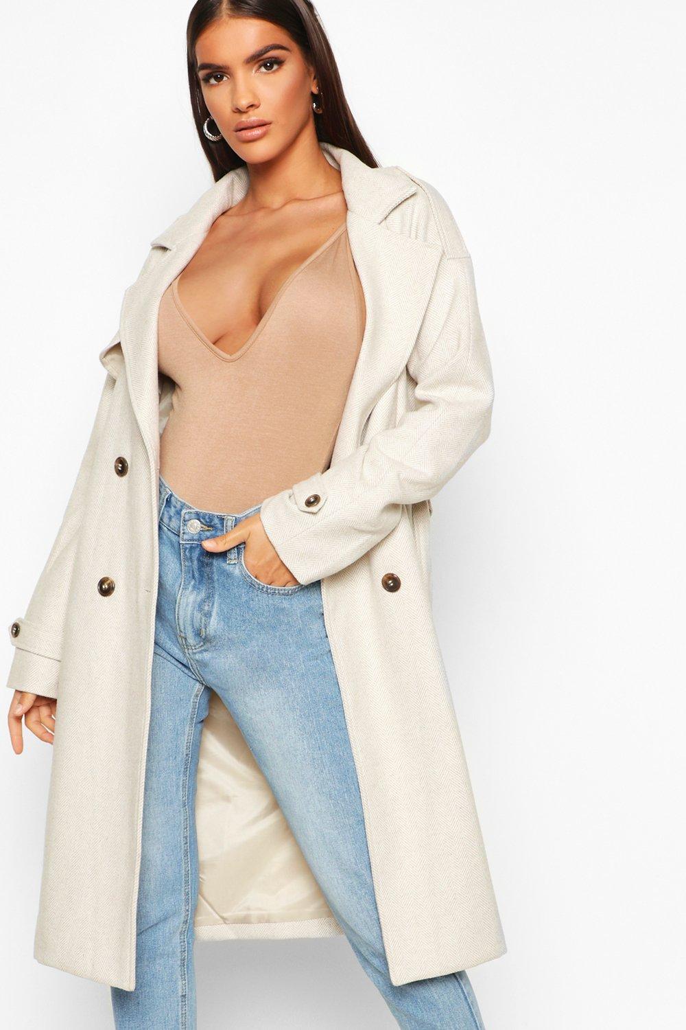 

Herringbone Wool Look Trench, Cream