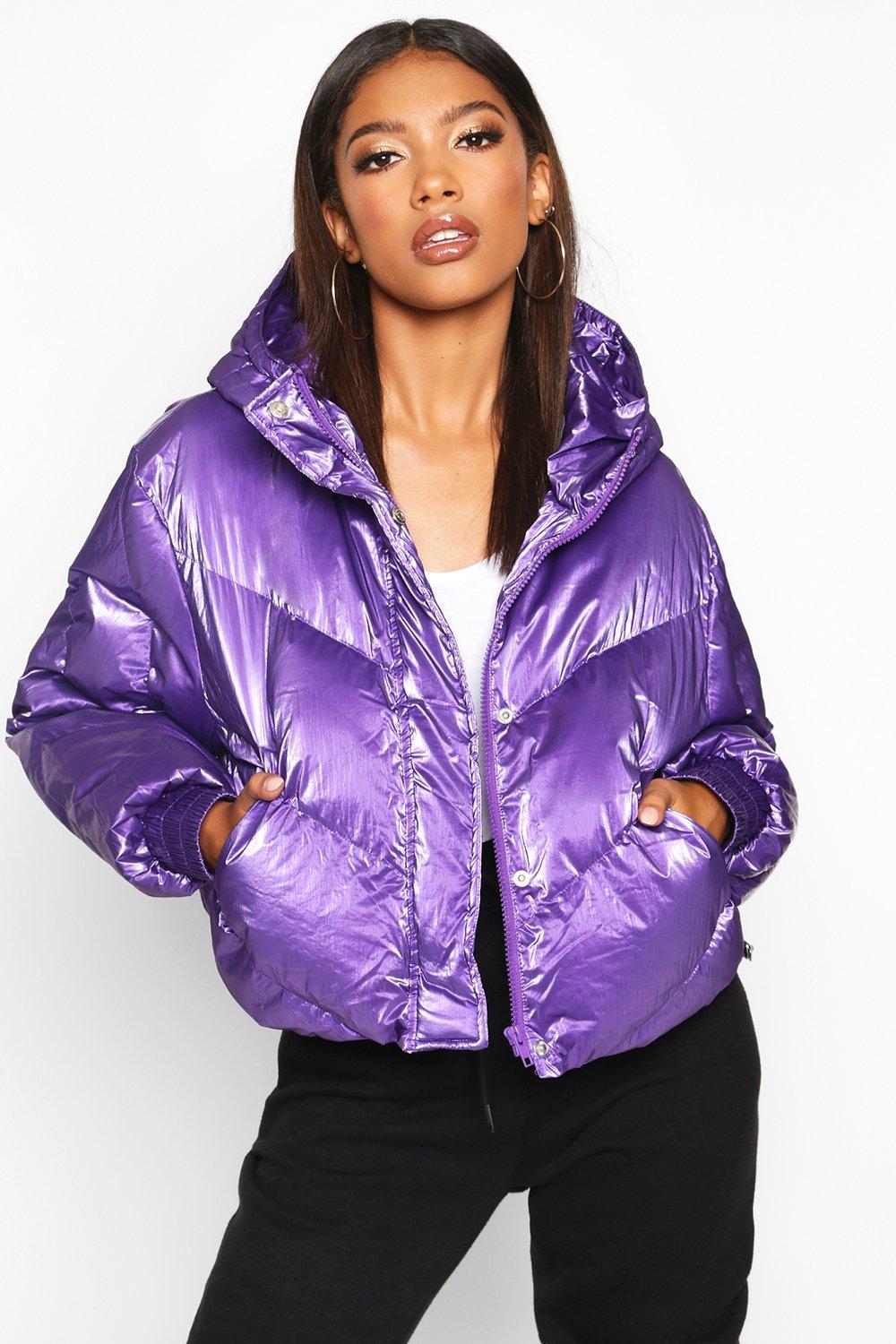 

Pearlescent Cropped Hooded Puffer, Purple