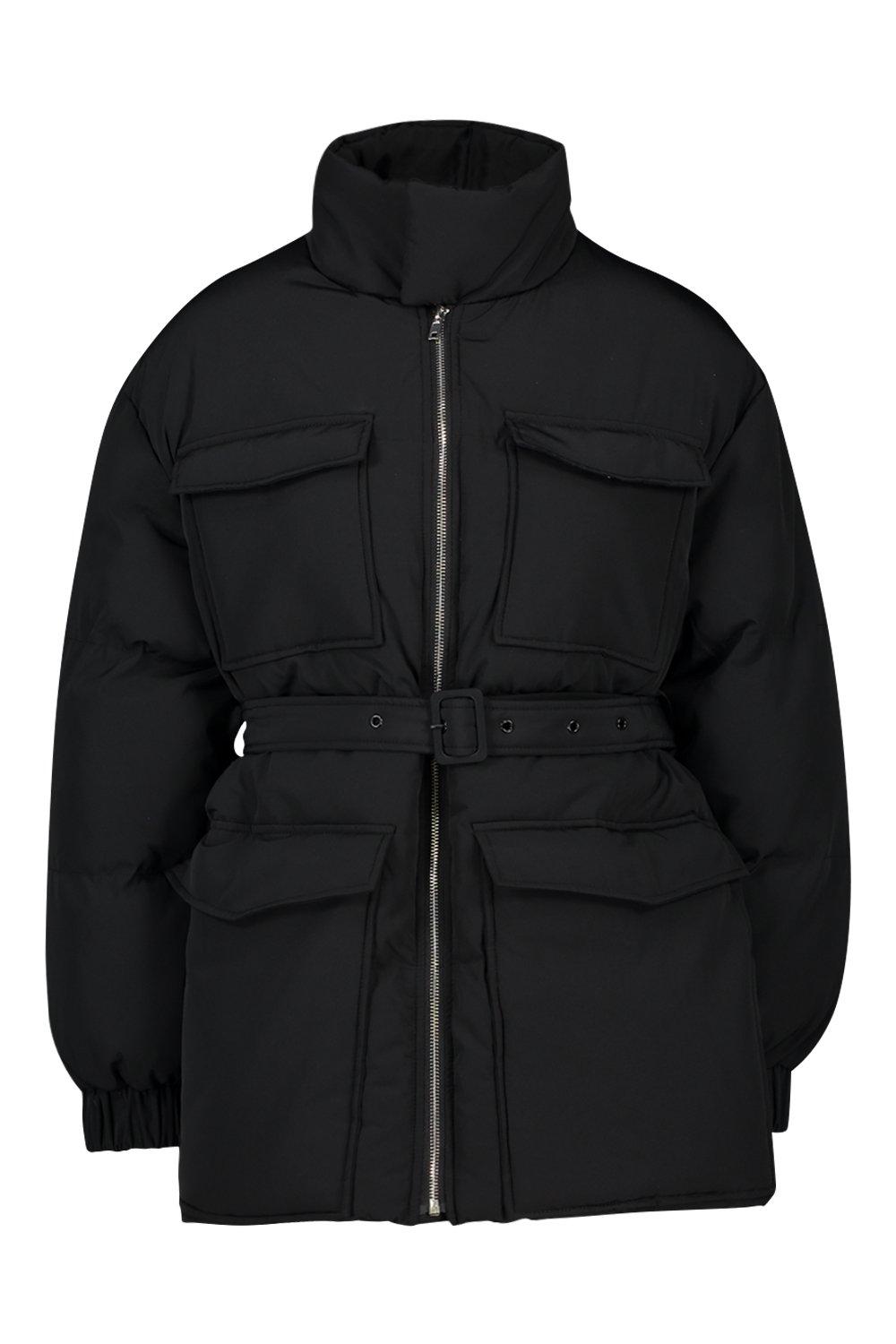 

Double Pocket Belted Utility Puffer, Black