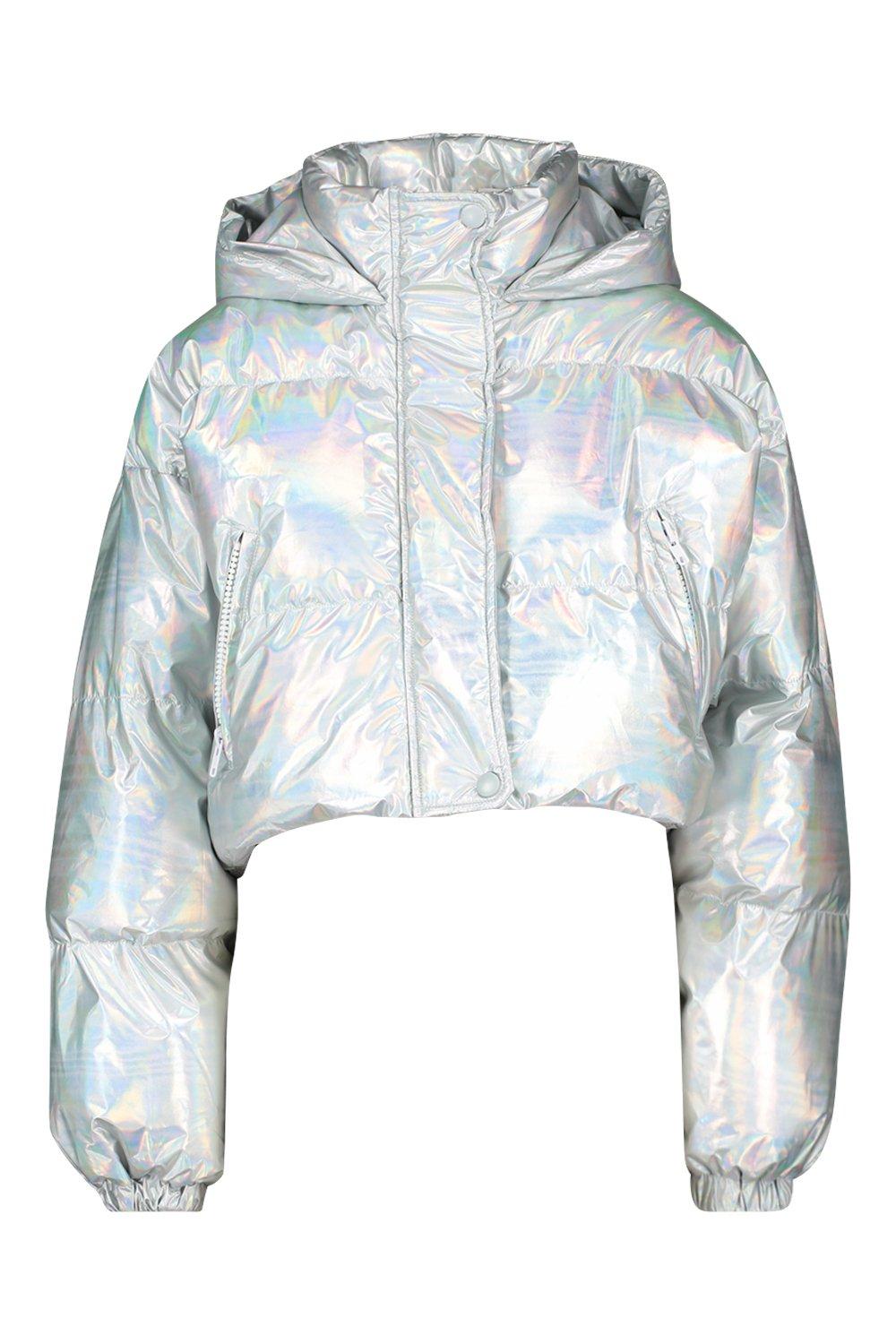 

Cropped Holographic Puffer Jacket, Silver