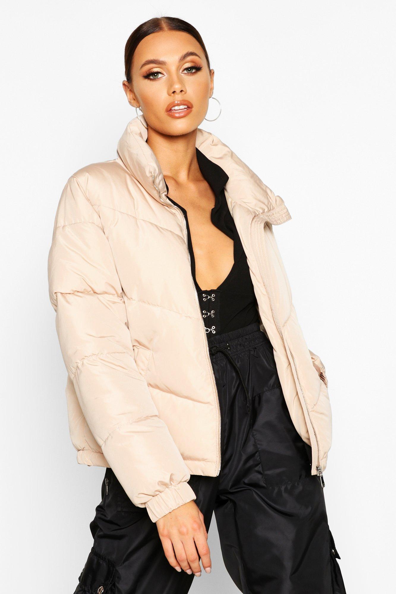 

Funnel Neck Zip Detail Puffer, Stone