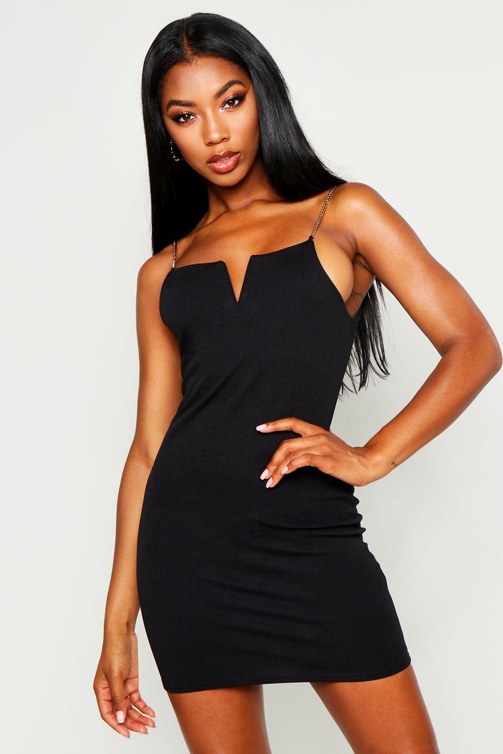

V Inset Bodycon Dress With Chain Straps, Black