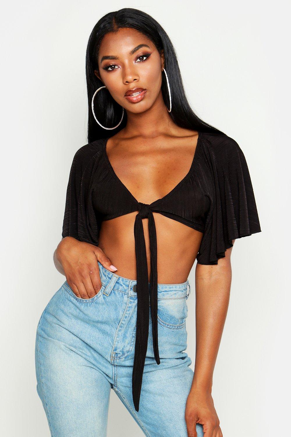 

Tie Front Batwing Crop Top, Black