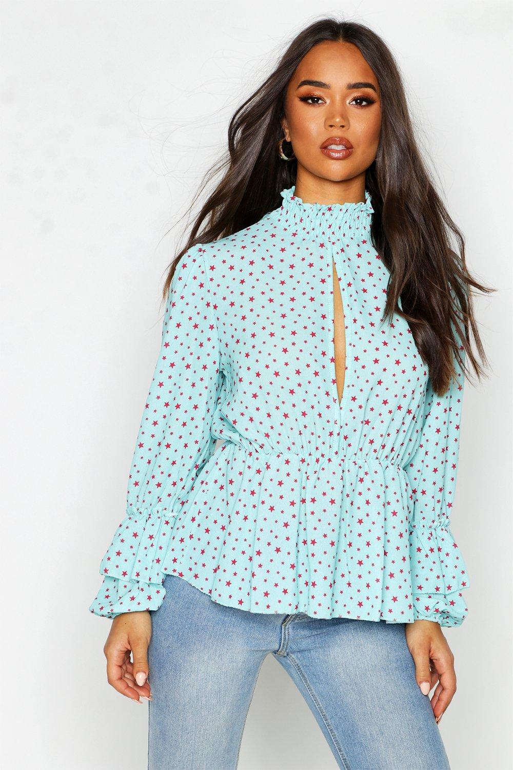 

Woven Star Plunge Blouse, Blue