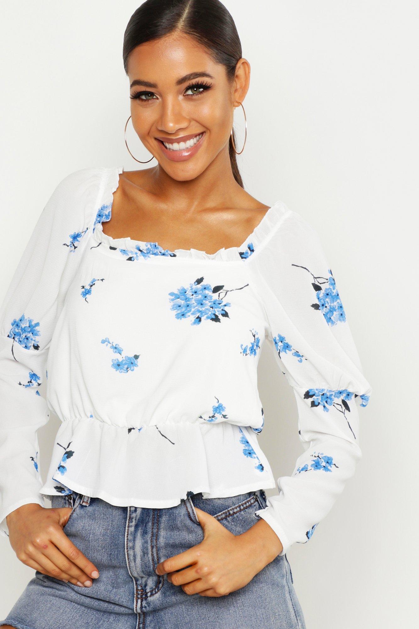 

Woven Ditsy Floral Peasant Top, Blue