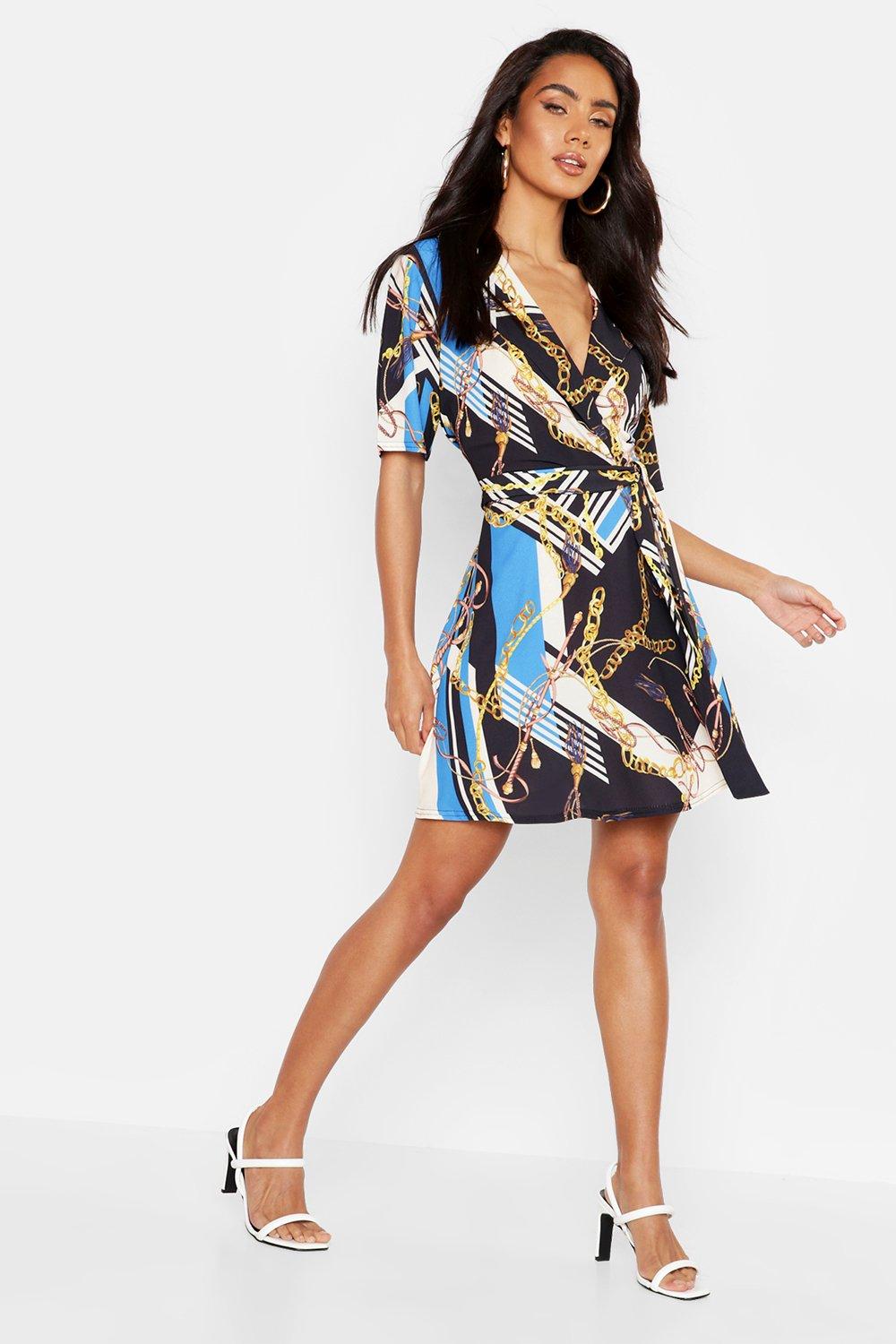 

Chain Print Collar Detail Wrap Dress, Black