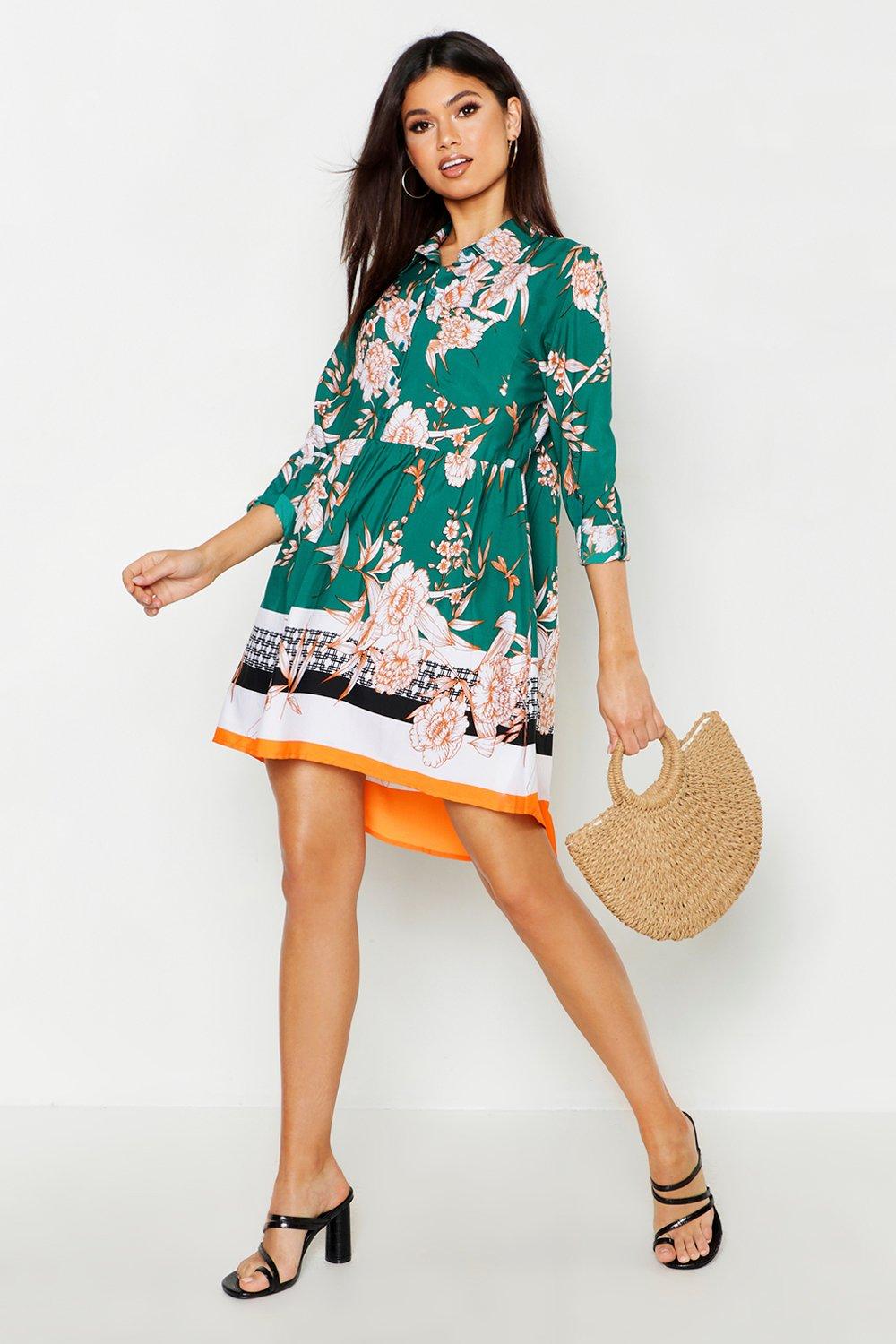 

Woven Floral Border Print Smock Dress, Bottle green