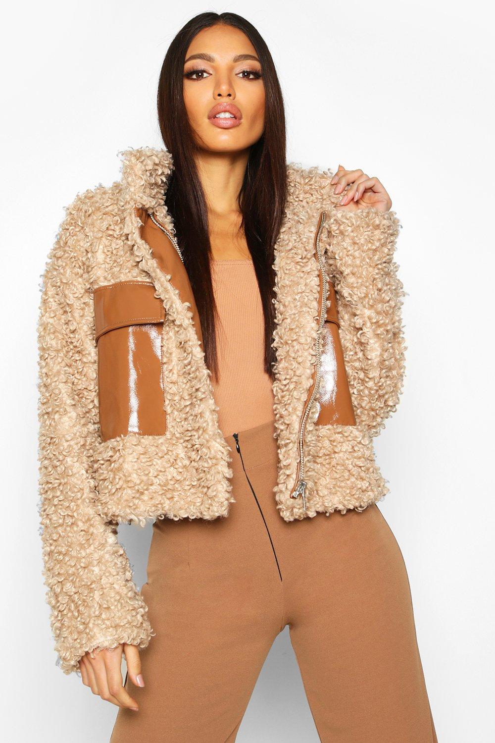 

Premium Teddy Cropped Faux Fur Jacket, Caramel