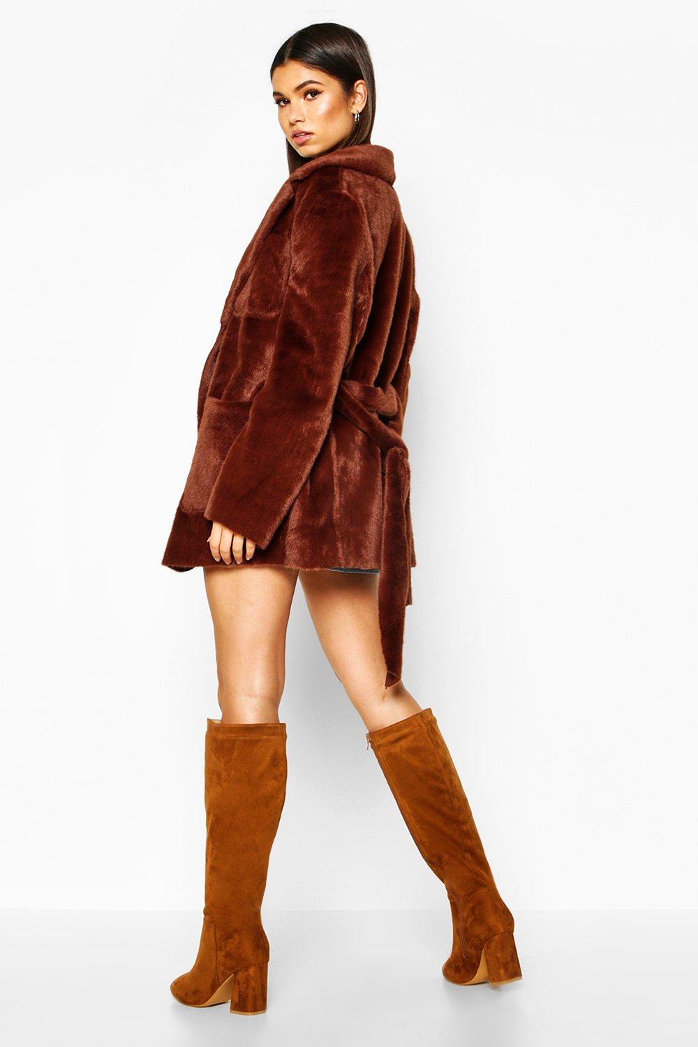 

Faux Suede Lined Faux Fur Belted Wrap Coat, Chocolate