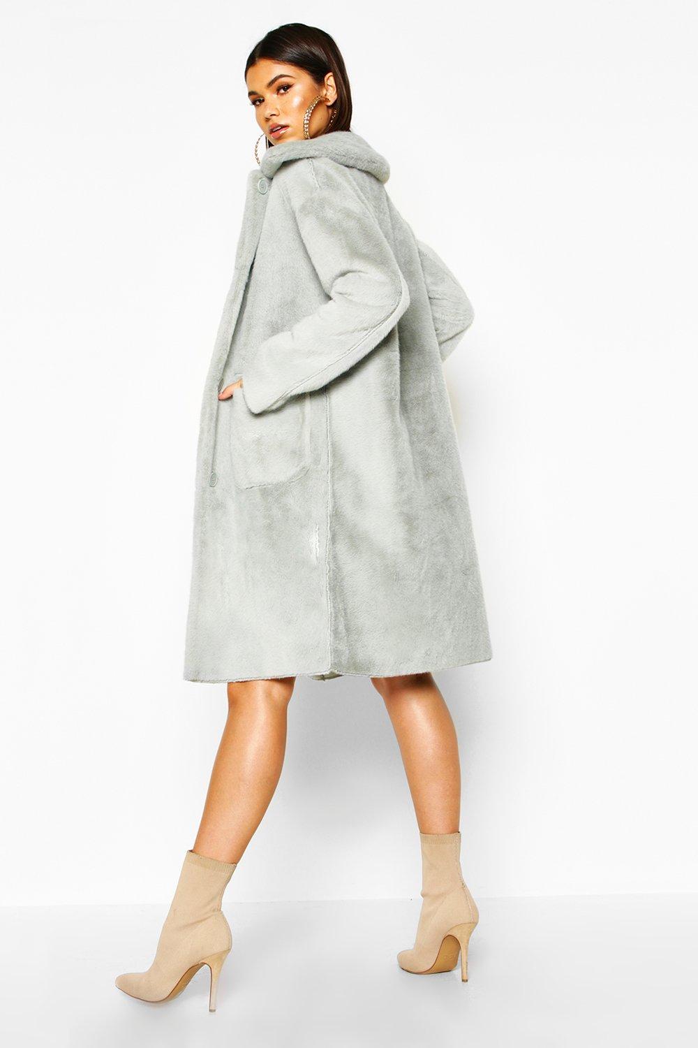 

Faux Suede Lined Button Through Faux Fur Coat, Sage