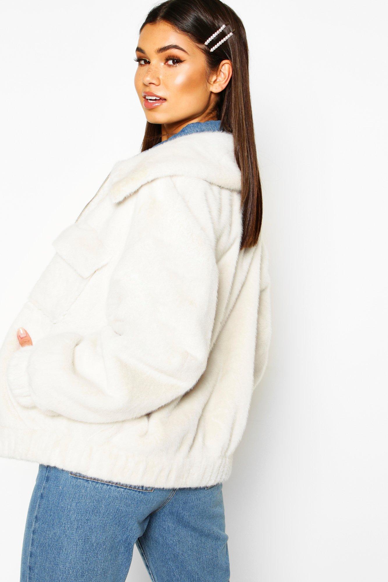 

Faux Suede Lined Faux Fur Trucker, Cream