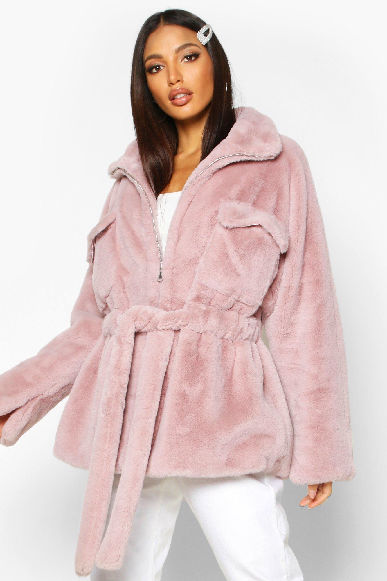 long faux fur belted coat