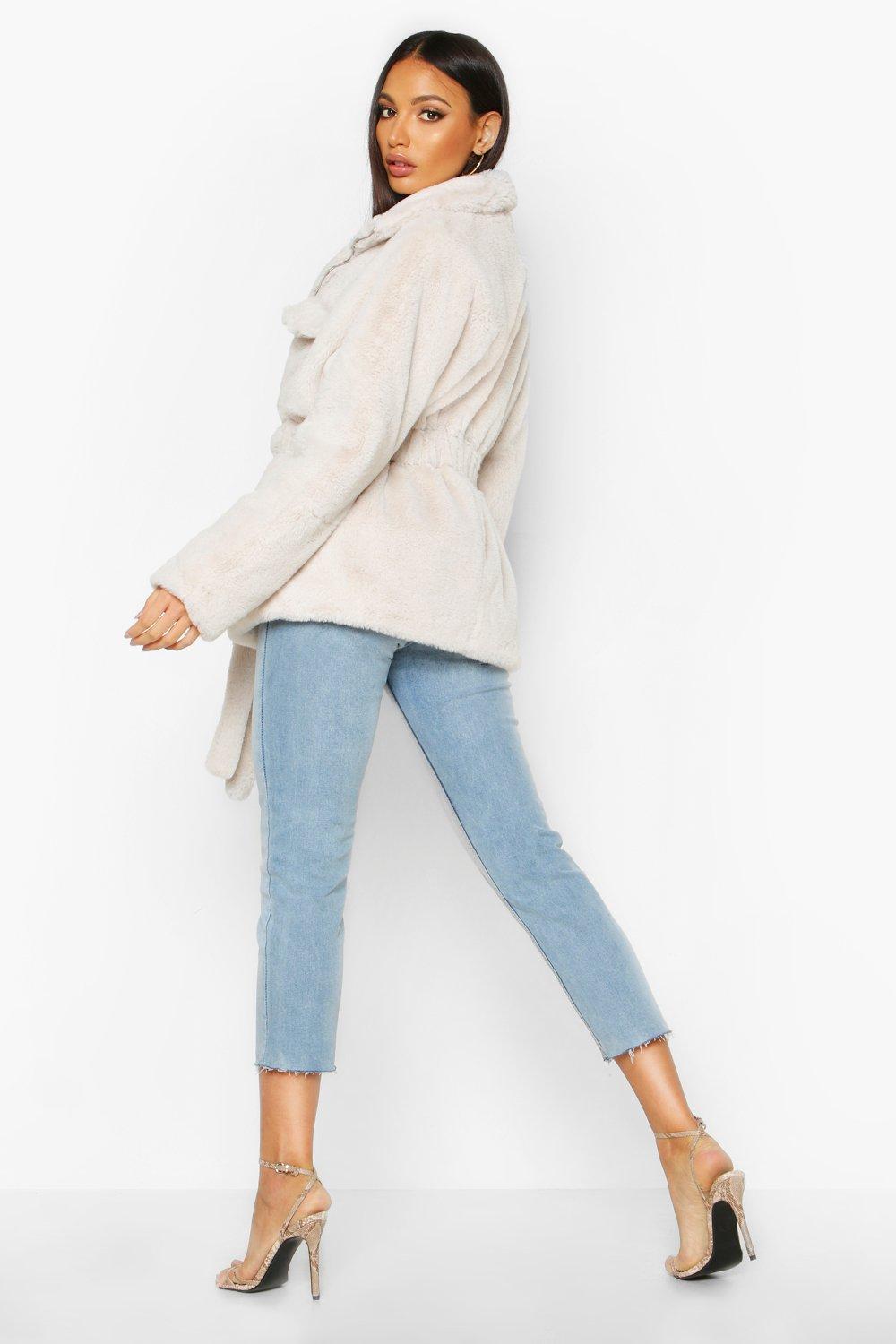 

Faux Fur Belted Utility Jacket, Cream