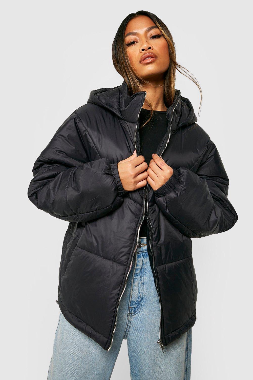 womens hooded quilt detail puffer jacket - black - 10, black