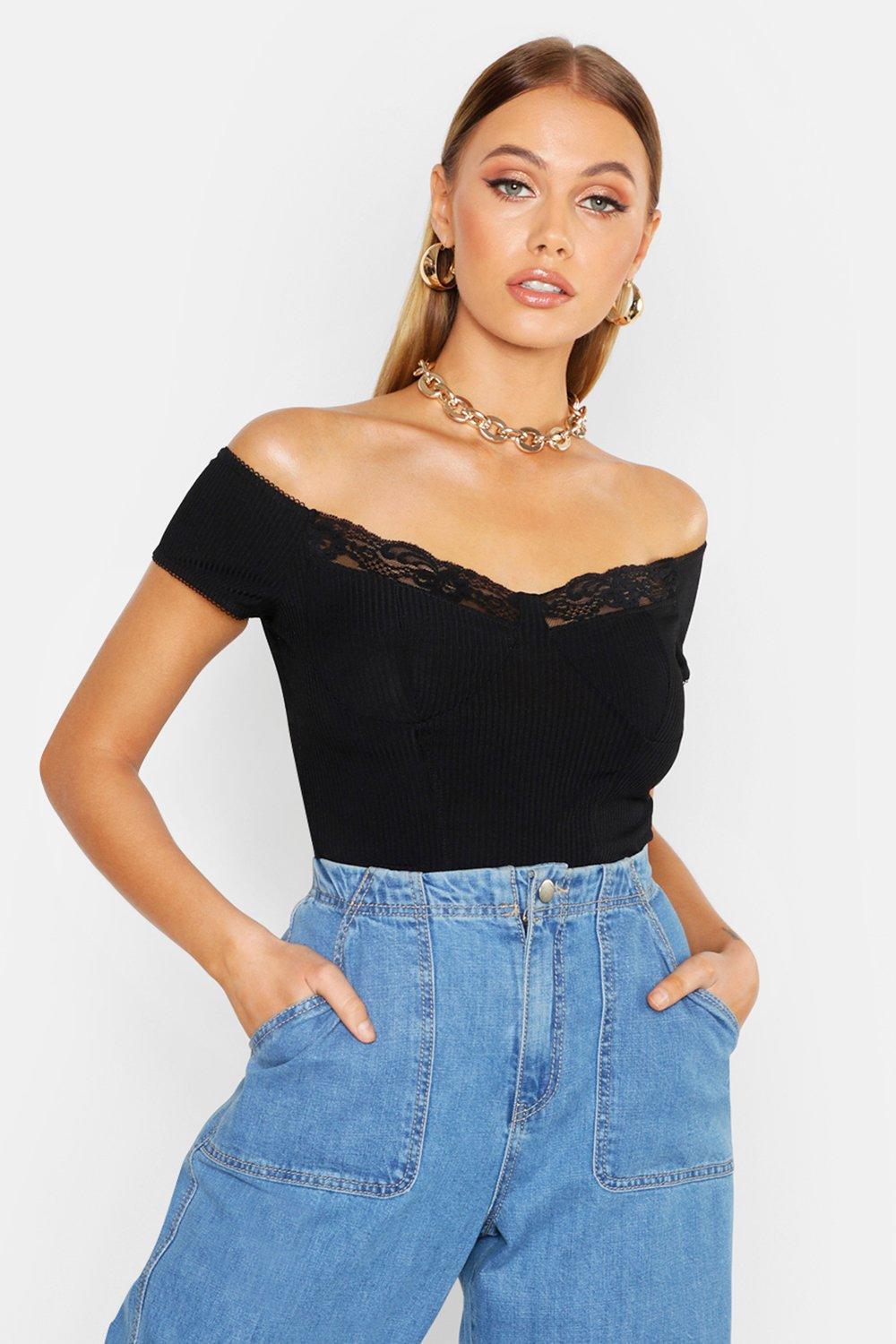 Ribbed Lace Trim Off The Shoulder Crop Top | Boohoo