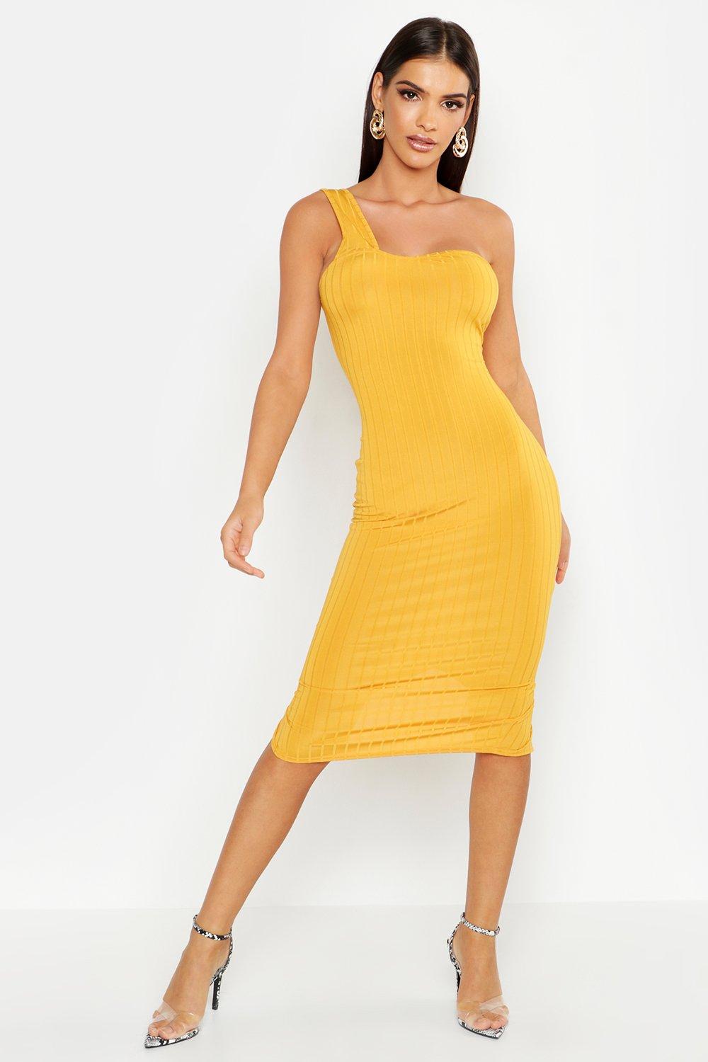 mustard one shoulder midi dress