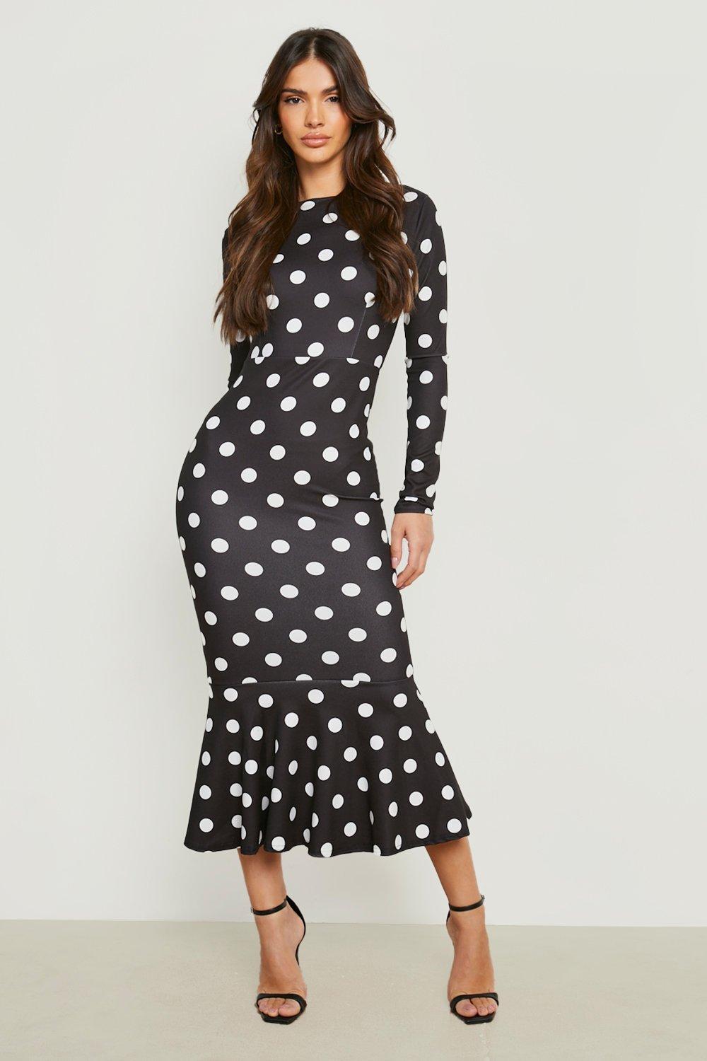 long sleeve white polka dot dress