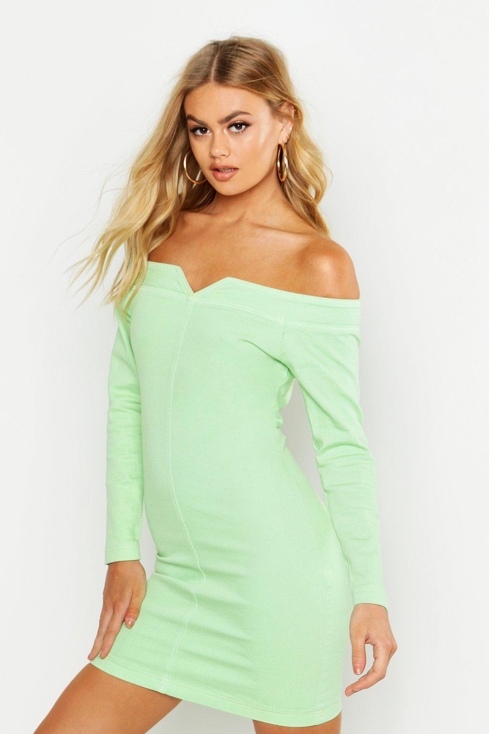 boohoo off the shoulder denim dress