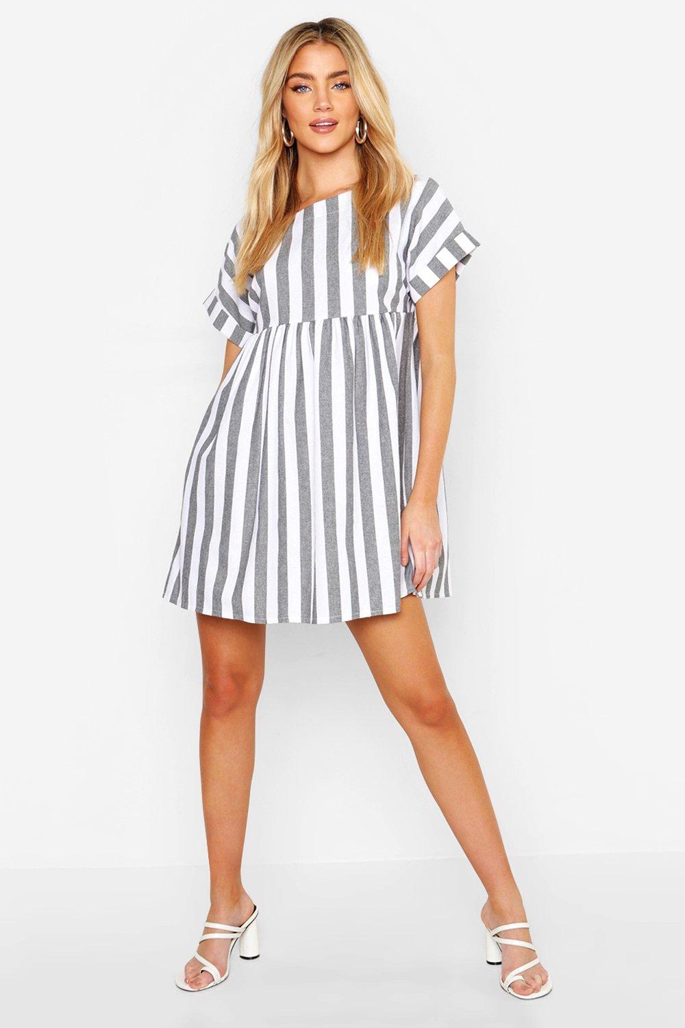 Linen Look Stripe Smock Dress | Boohoo